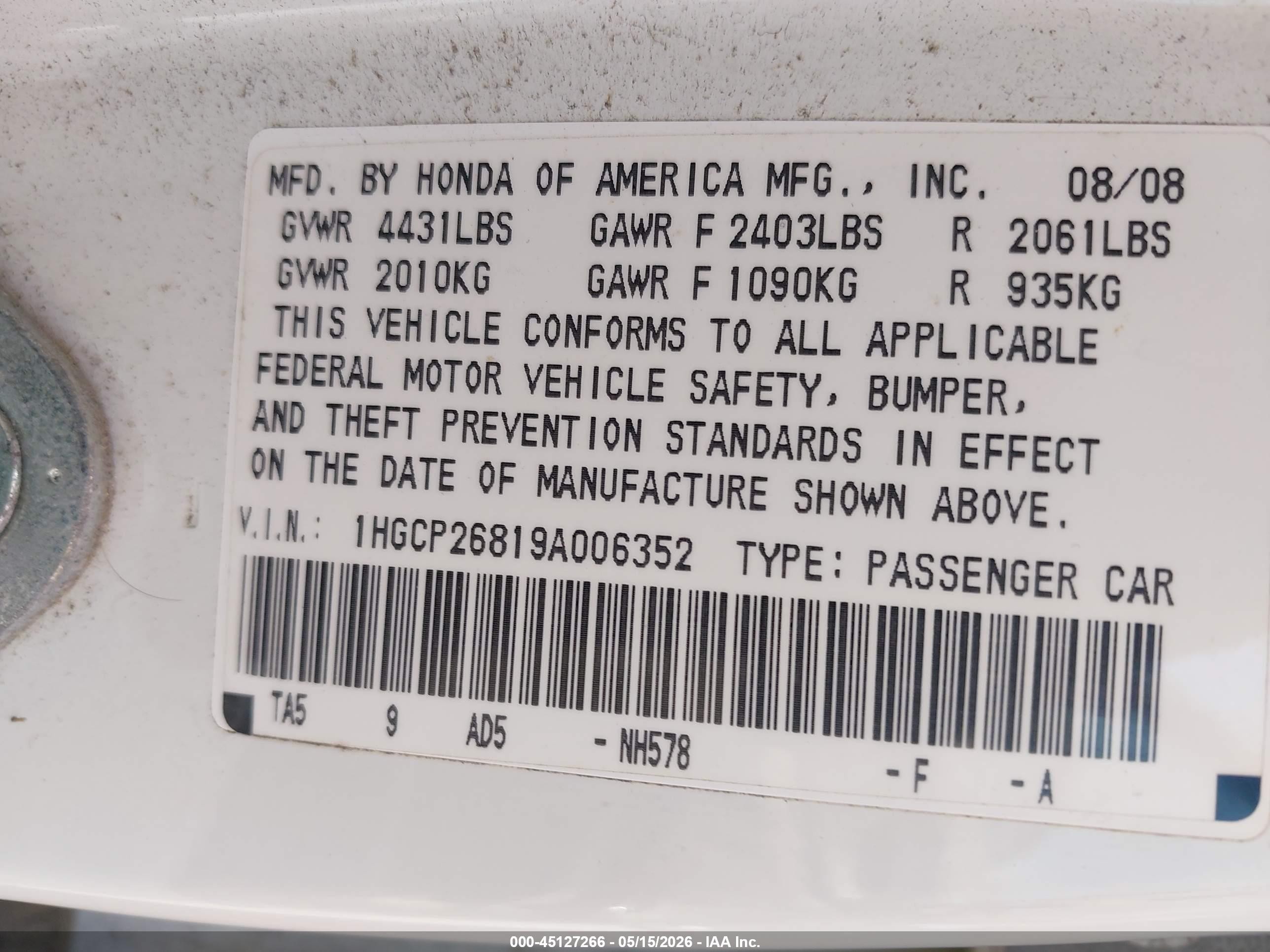 2009 Honda Accord 2.4 Ex-l White vin: 1HGCP26819A006352