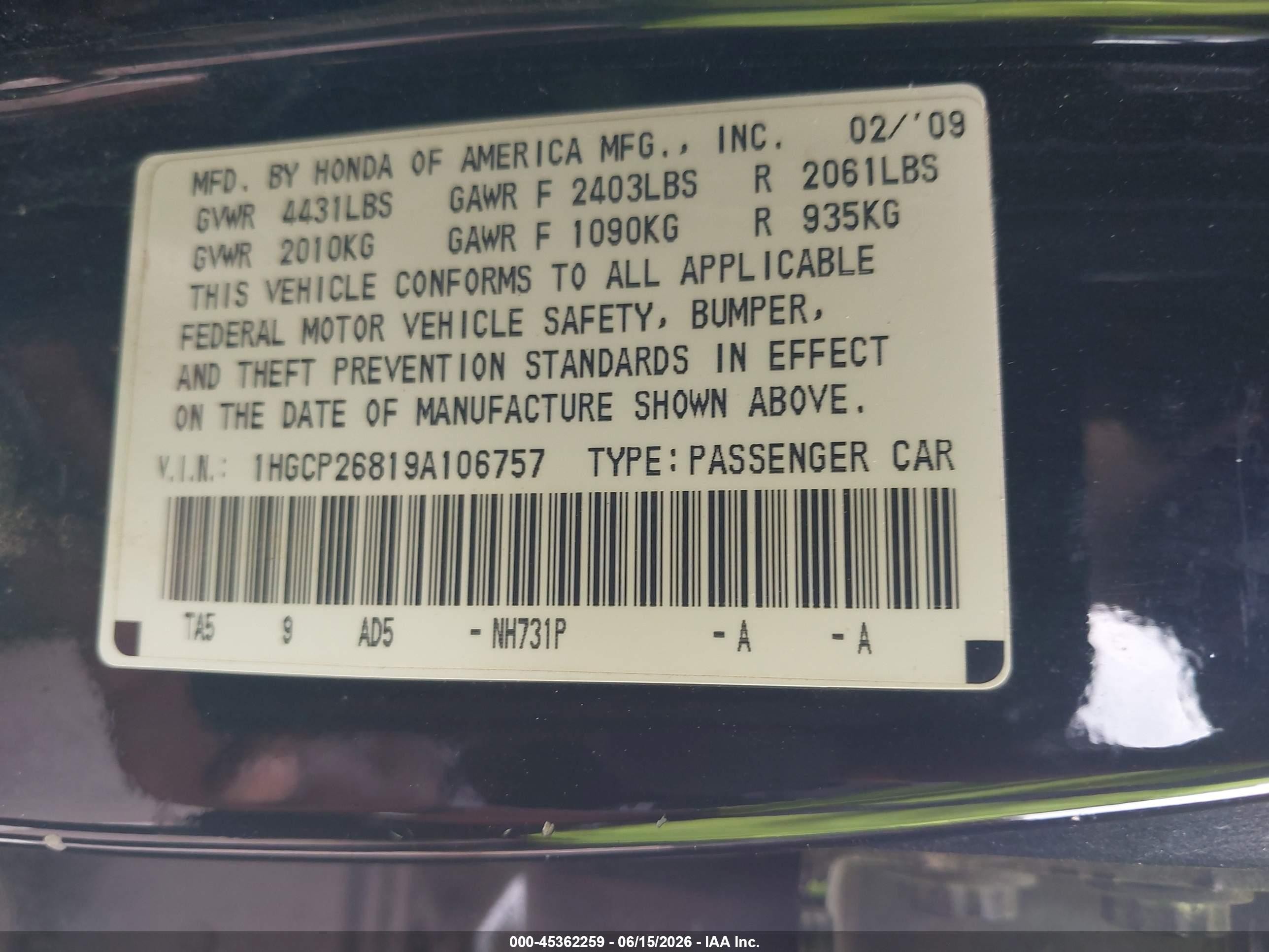 2009 Honda Accord 2.4 Ex-l Black vin: 1HGCP26819A106757