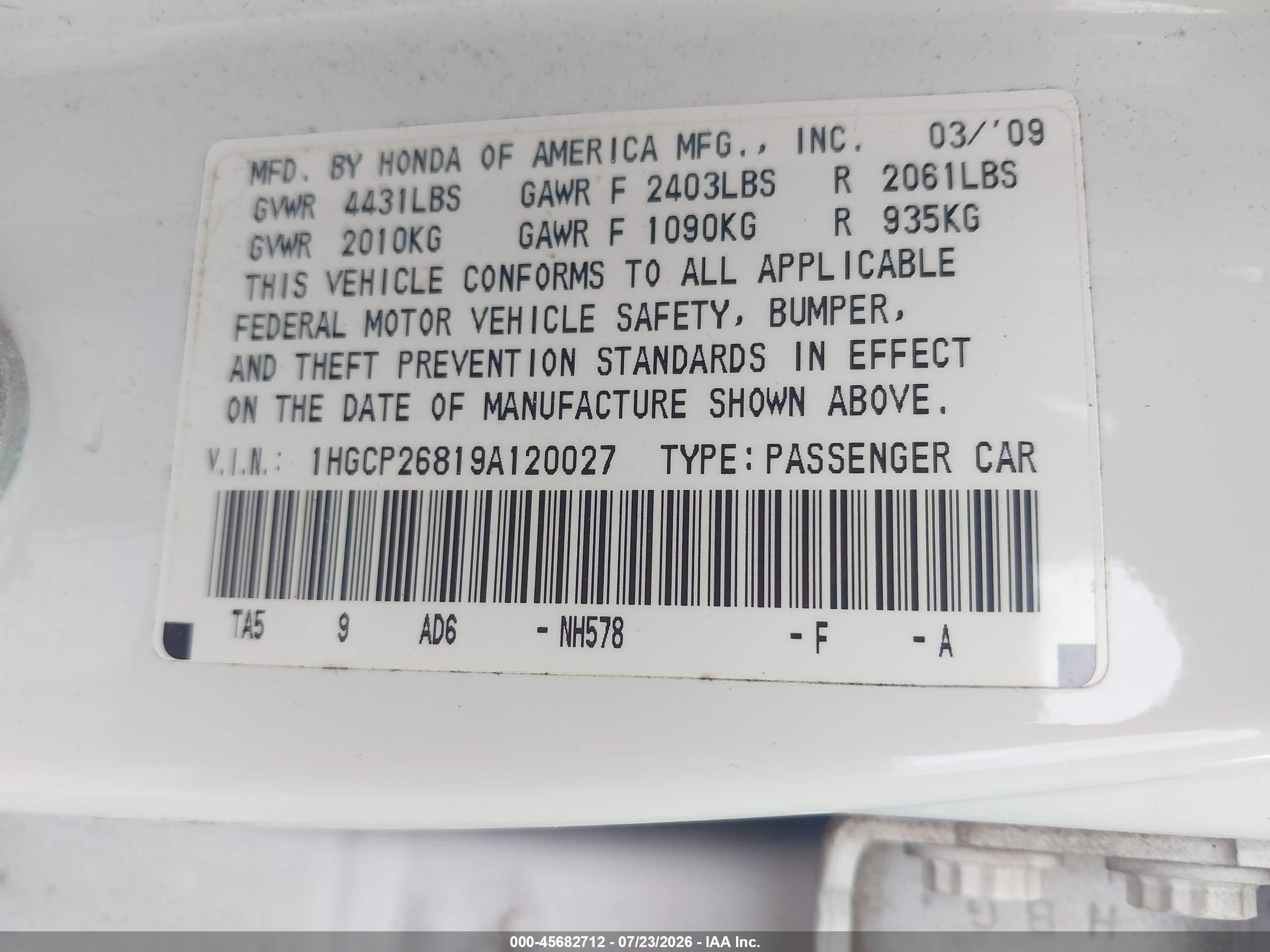 2009 Honda Accord 2.4 Ex-l White vin: 1HGCP26819A120027