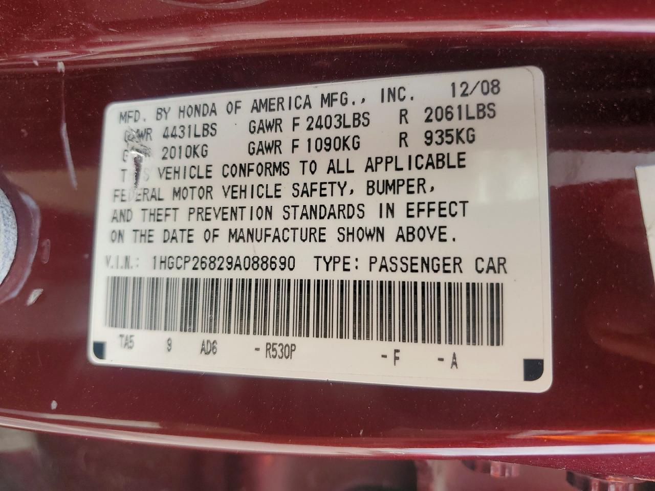 2009 Honda Accord Exl Бордовый vin: 1HGCP26829A088690