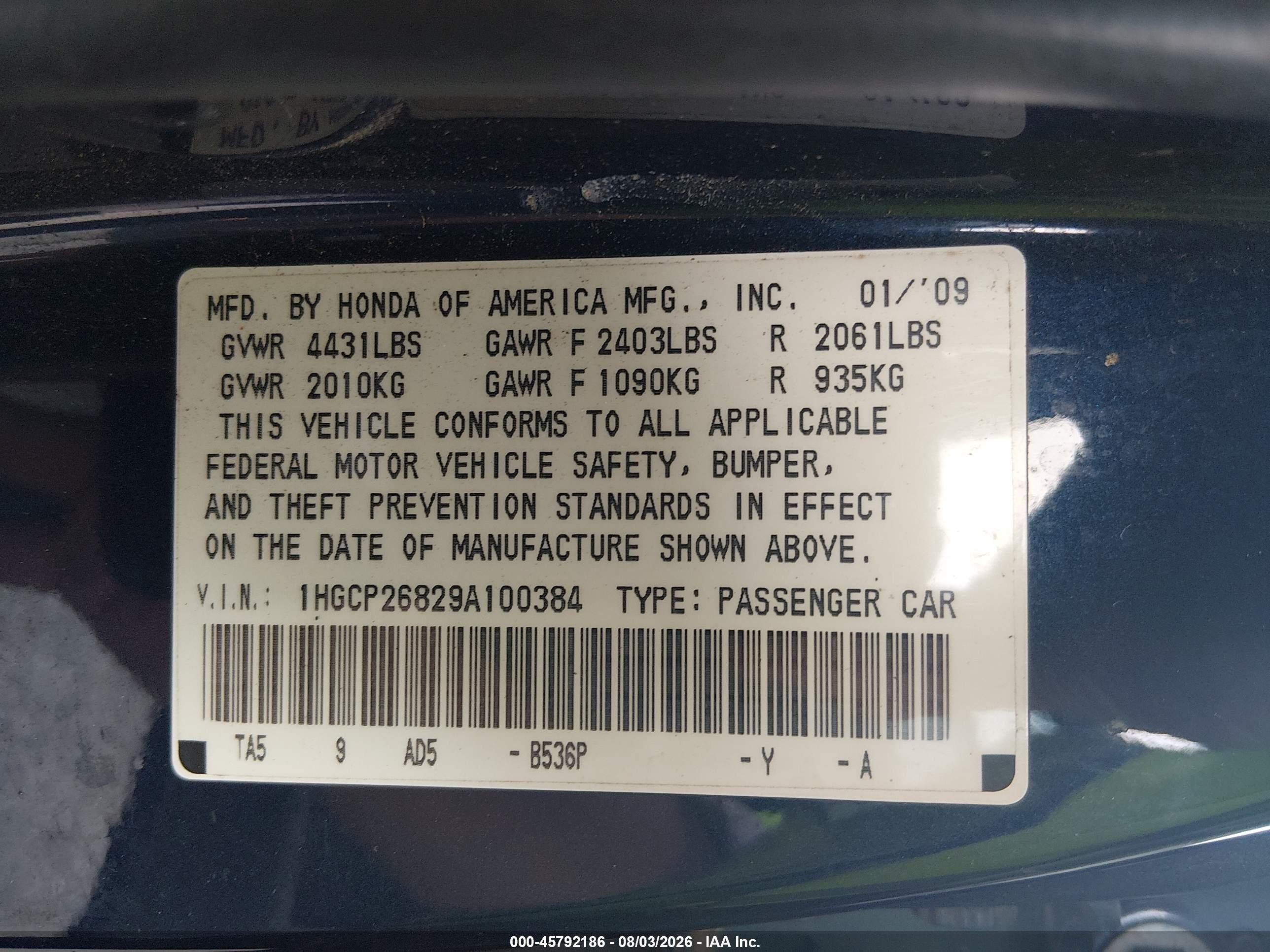 2009 Honda Accord 2.4 Ex-l Blue vin: 1HGCP26829A100384