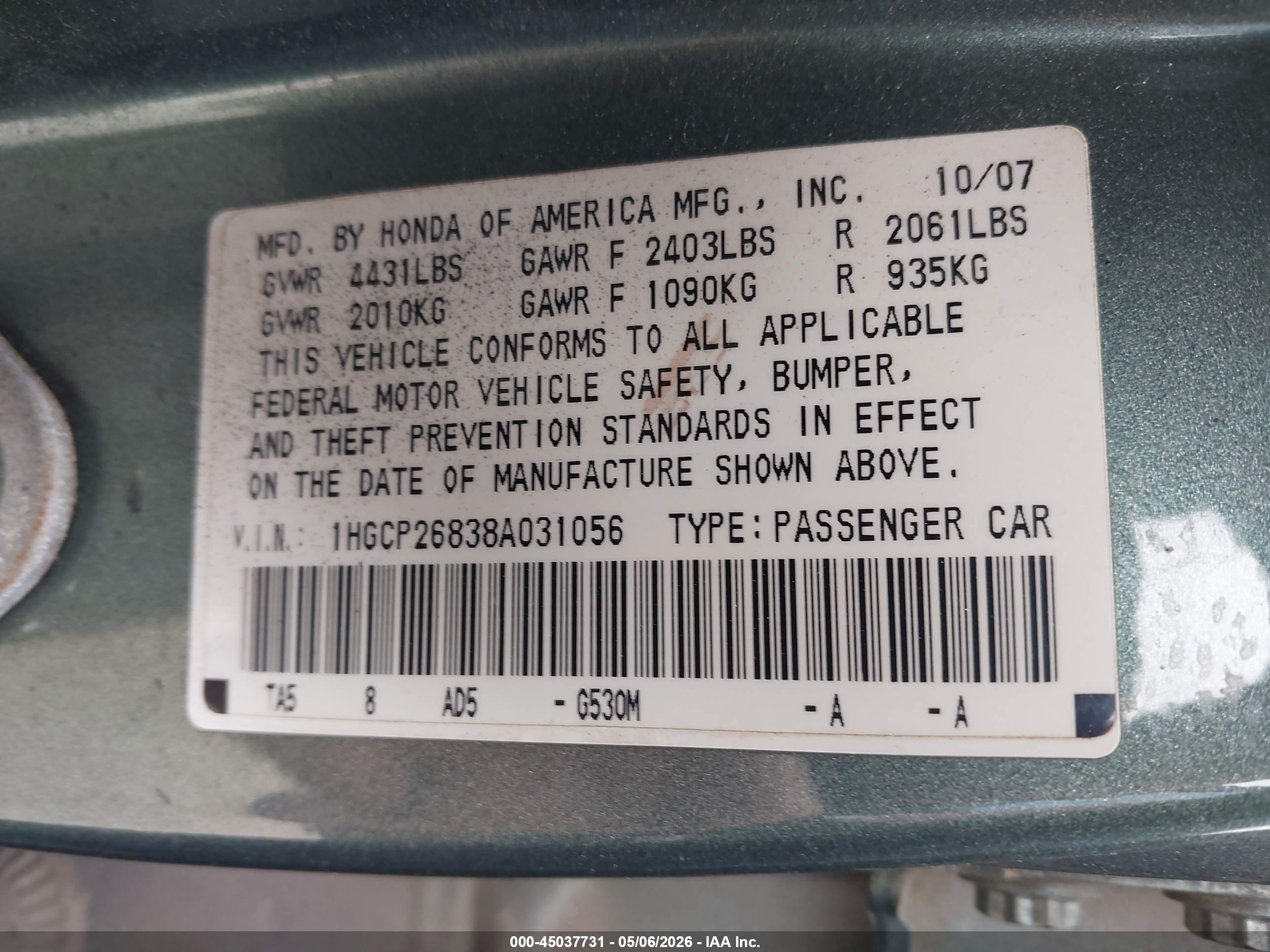 2008 Honda Accord 2.4 Ex-l Зеленый vin: 1HGCP26838A031056