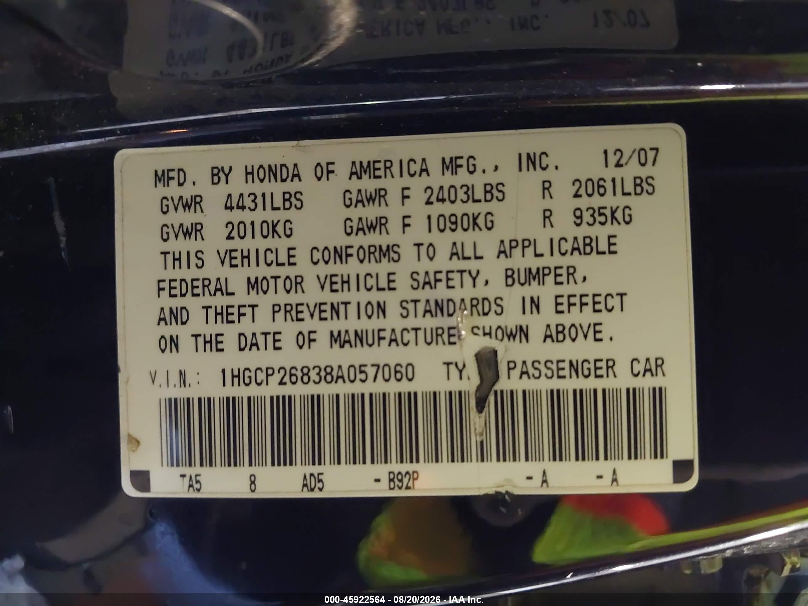 2008 Honda Accord 2.4 Ex-l Black vin: 1HGCP26838A057060