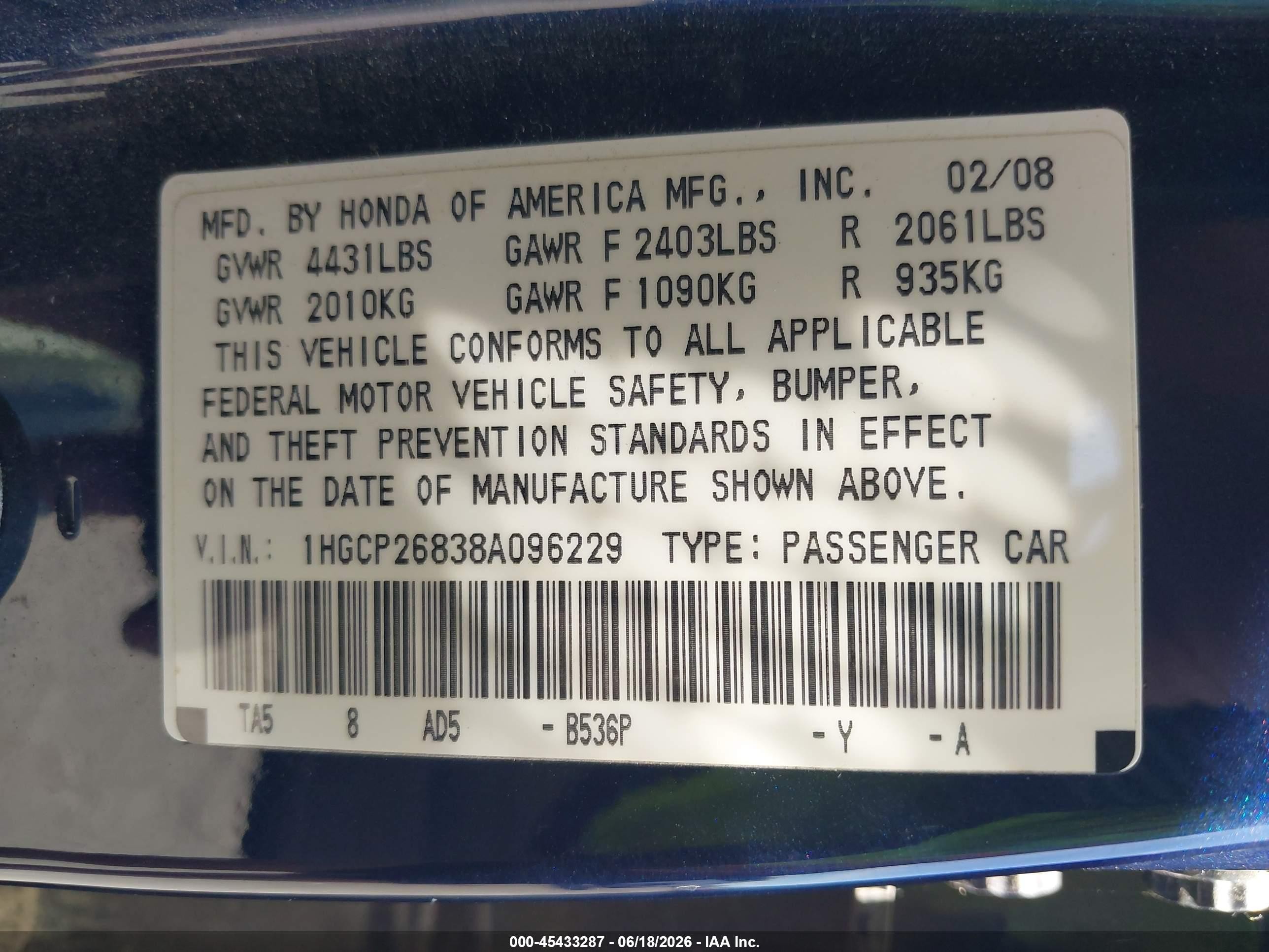 2008 Honda Accord 2.4 Ex-l Blue vin: 1HGCP26838A096229