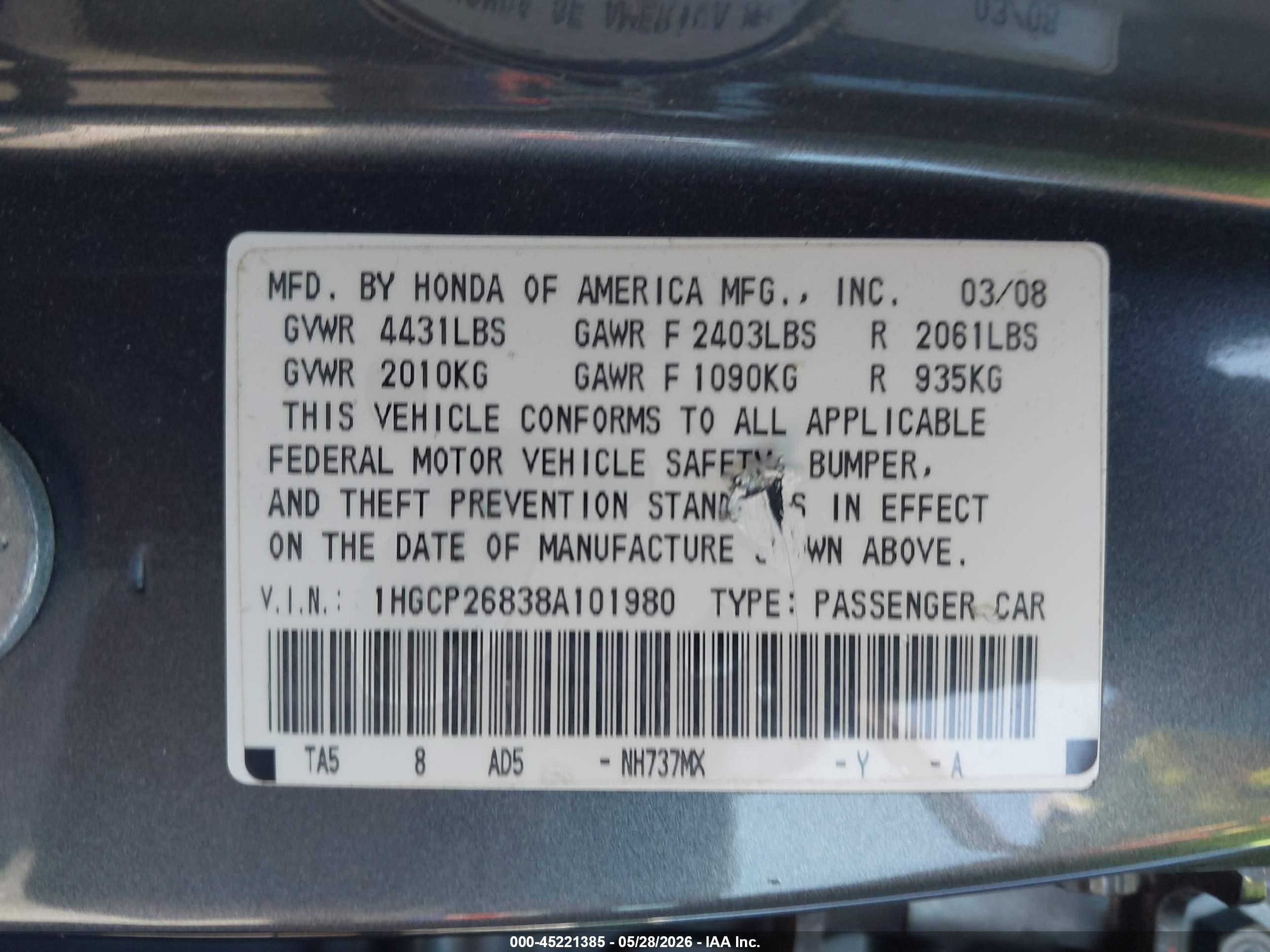 2008 Honda Accord 2.4 Ex-l Gray vin: 1HGCP26838A101980