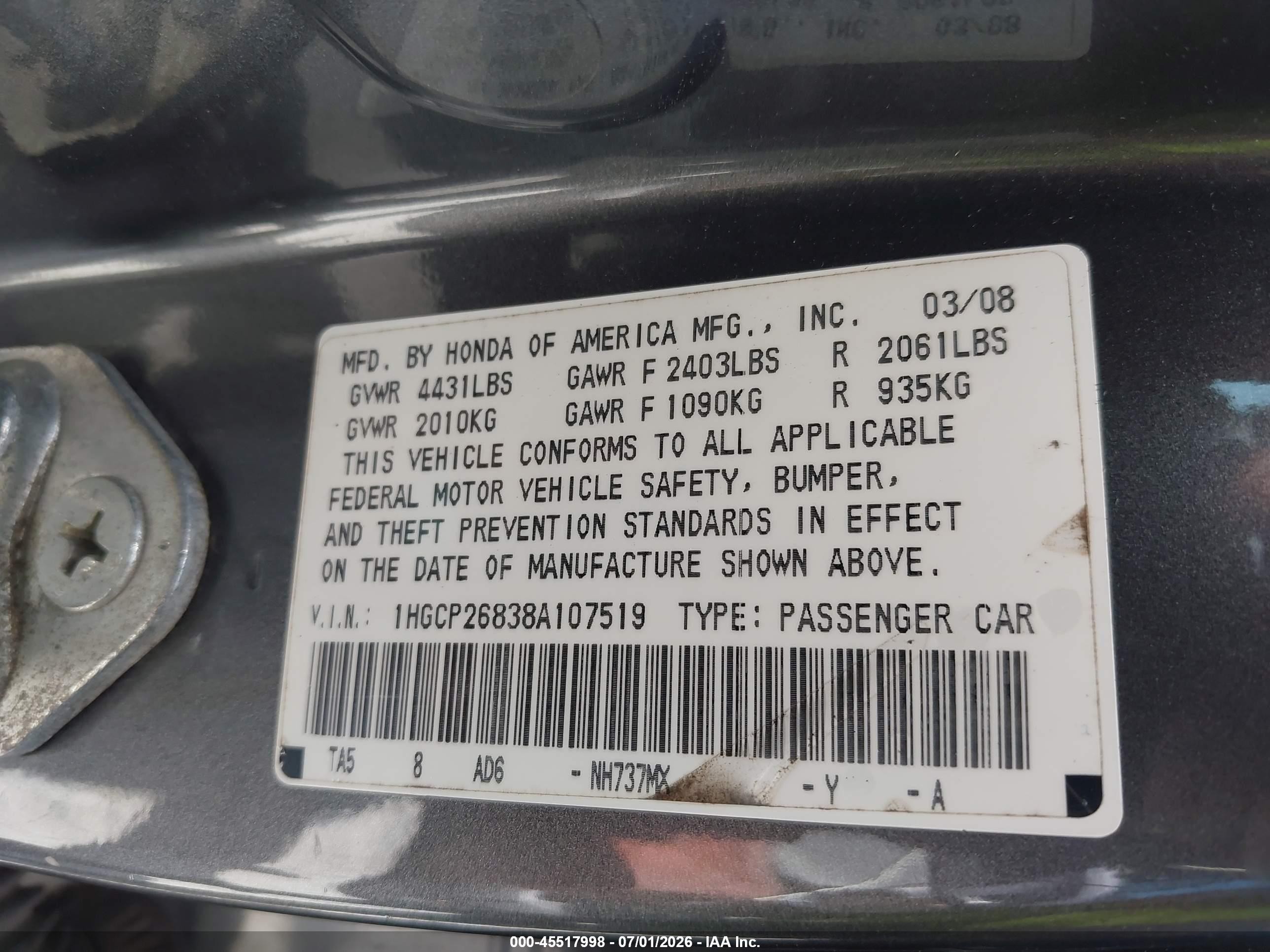 2008 Honda Accord 2.4 Ex-l Gray vin: 1HGCP26838A107519