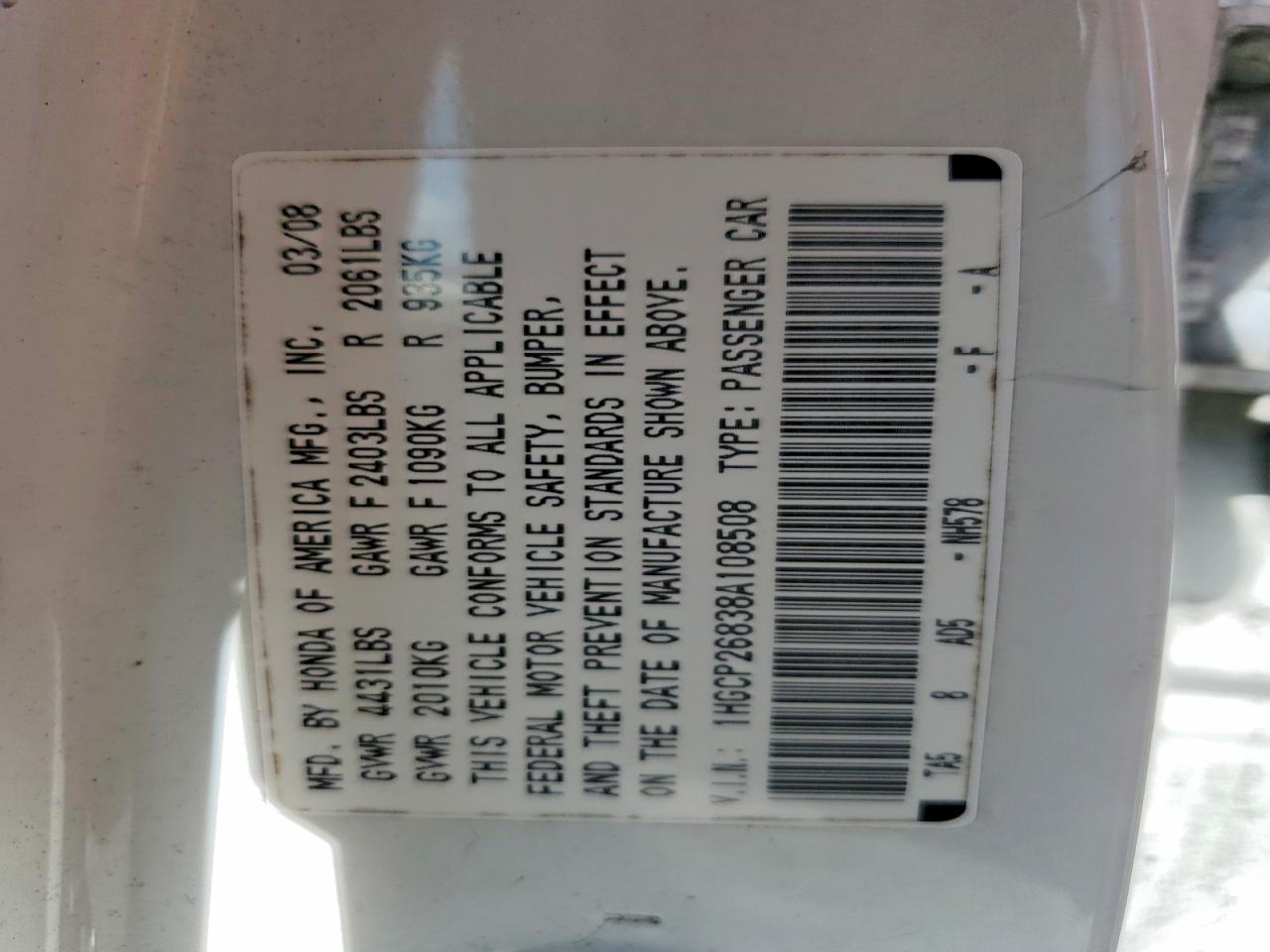 2008 Honda Accord Exl White vin: 1HGCP26838A108508