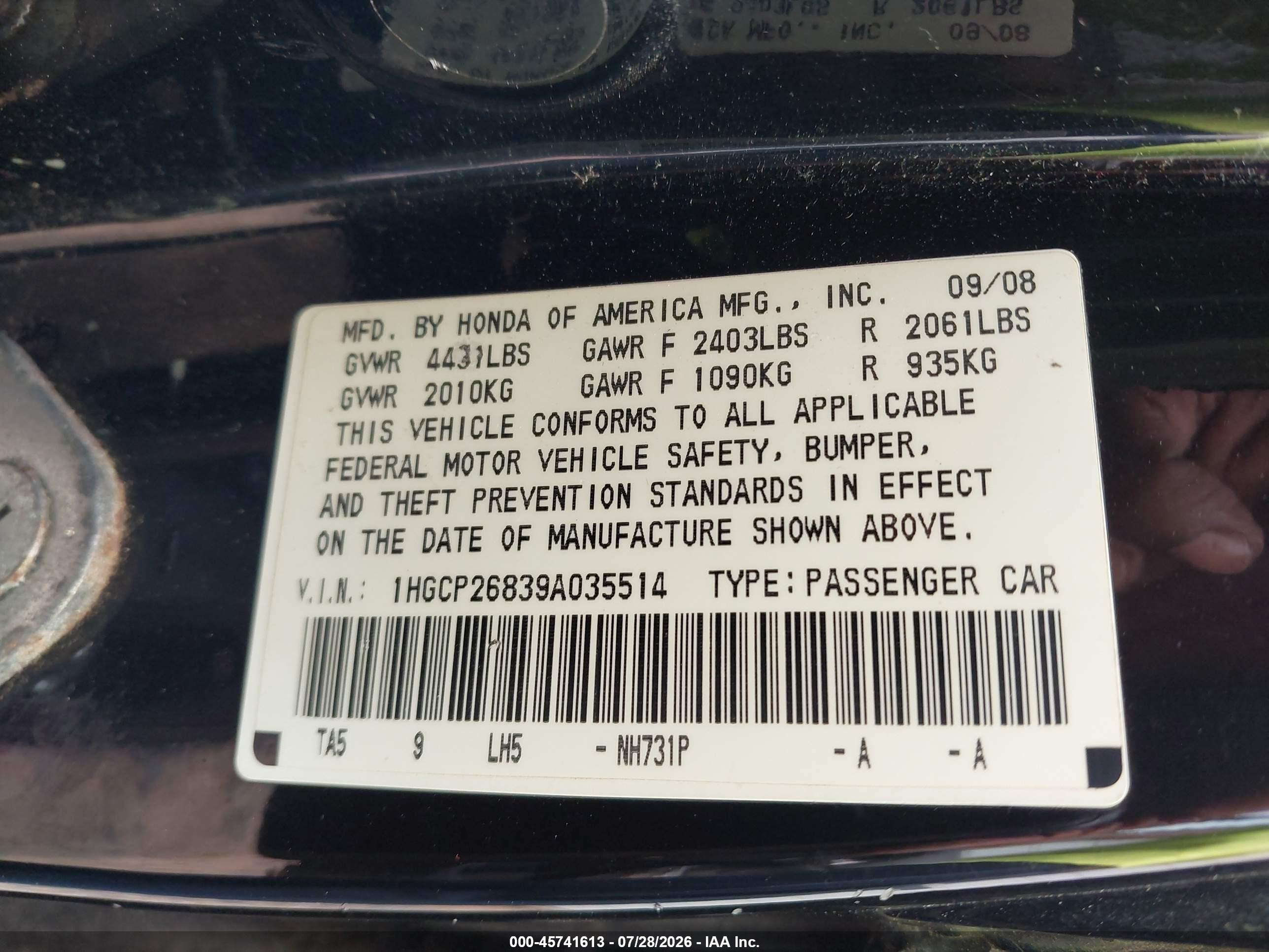 2009 Honda Accord 2.4 Ex-l Black vin: 1HGCP26839A035514