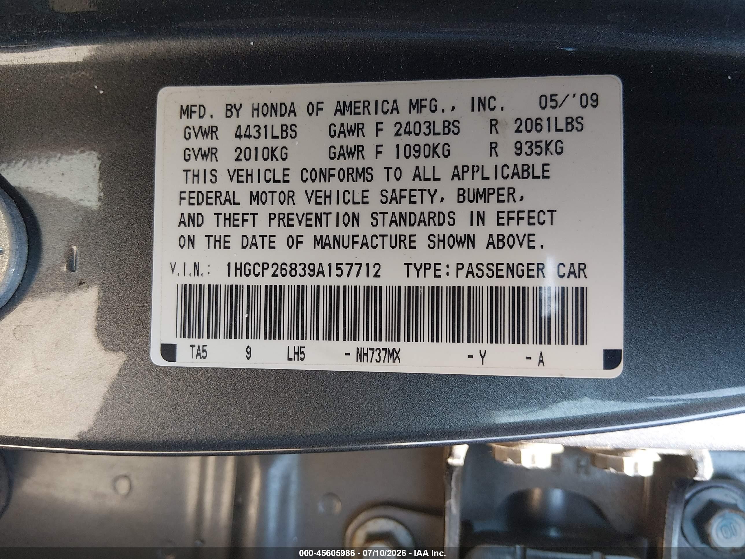2009 Honda Accord 2.4 Ex-l Gray vin: 1HGCP26839A157712