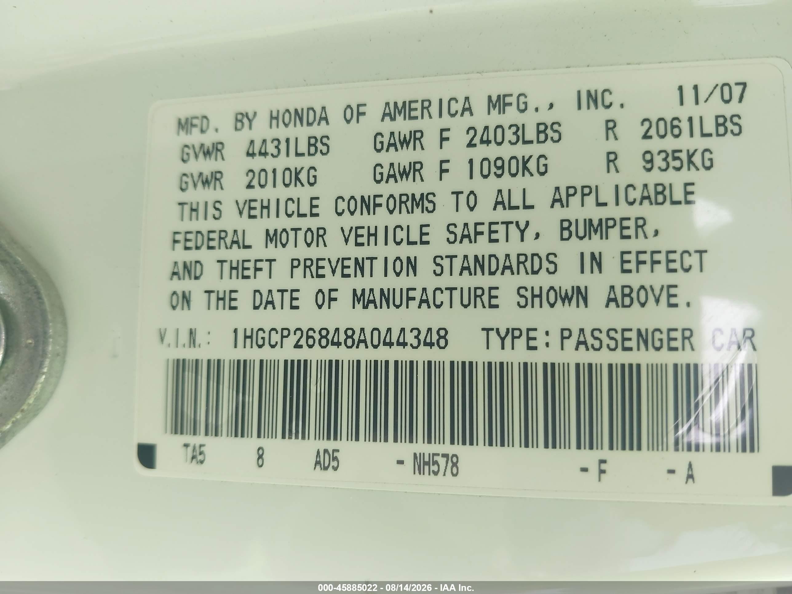 2008 Honda Accord 2.4 Ex-l White vin: 1HGCP26848A044348