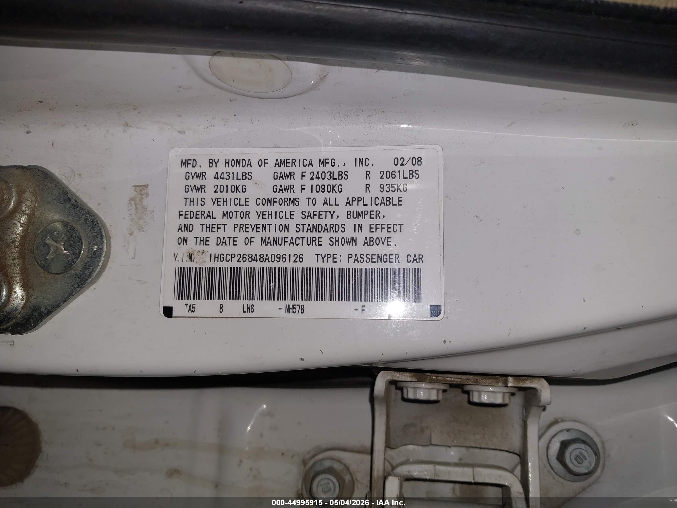2008 Honda Accord 2.4 Ex-l White vin: 1HGCP26848A096126