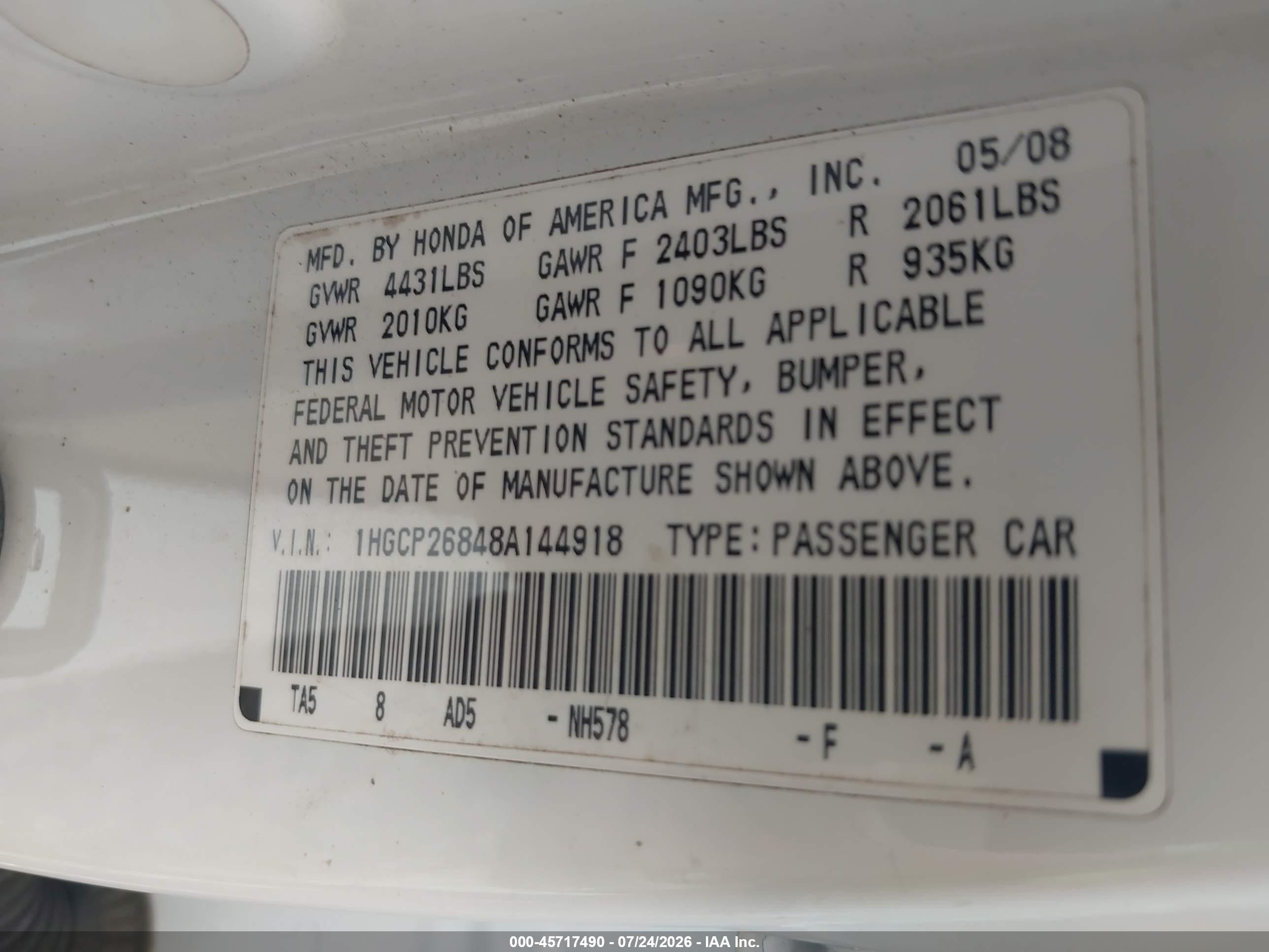 2008 Honda Accord 2.4 Ex-l White vin: 1HGCP26848A144918