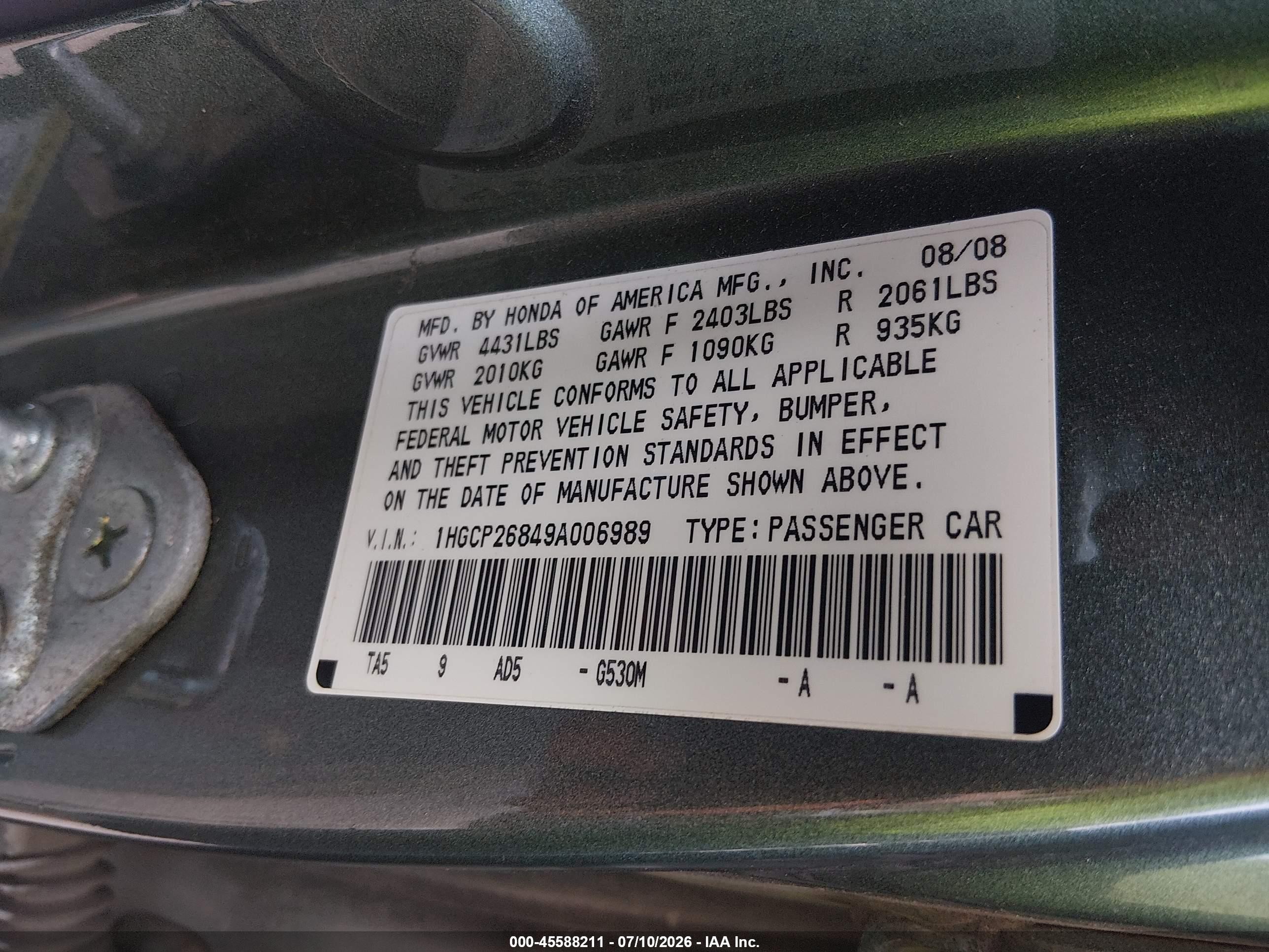 2009 Honda Accord 2.4 Ex-l Green vin: 1HGCP26849A006989