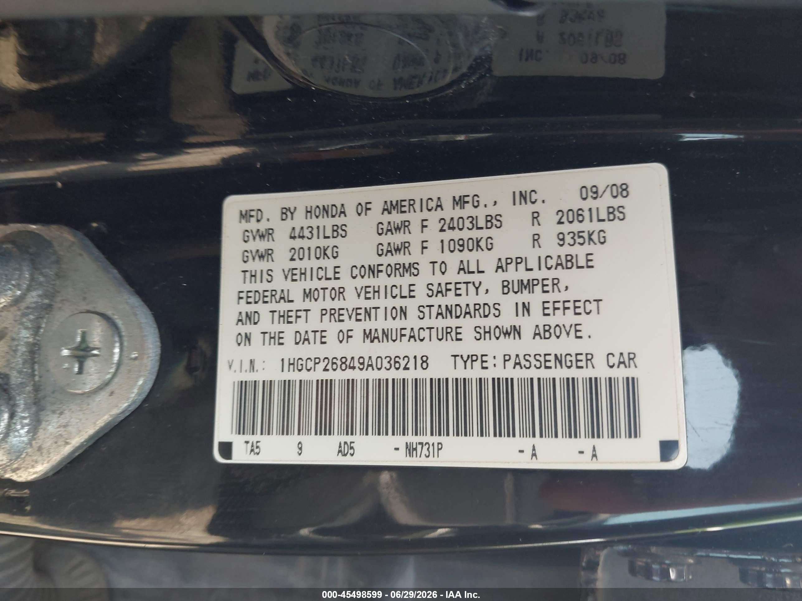 2009 Honda Accord 2.4 Ex-l Black vin: 1HGCP26849A036218