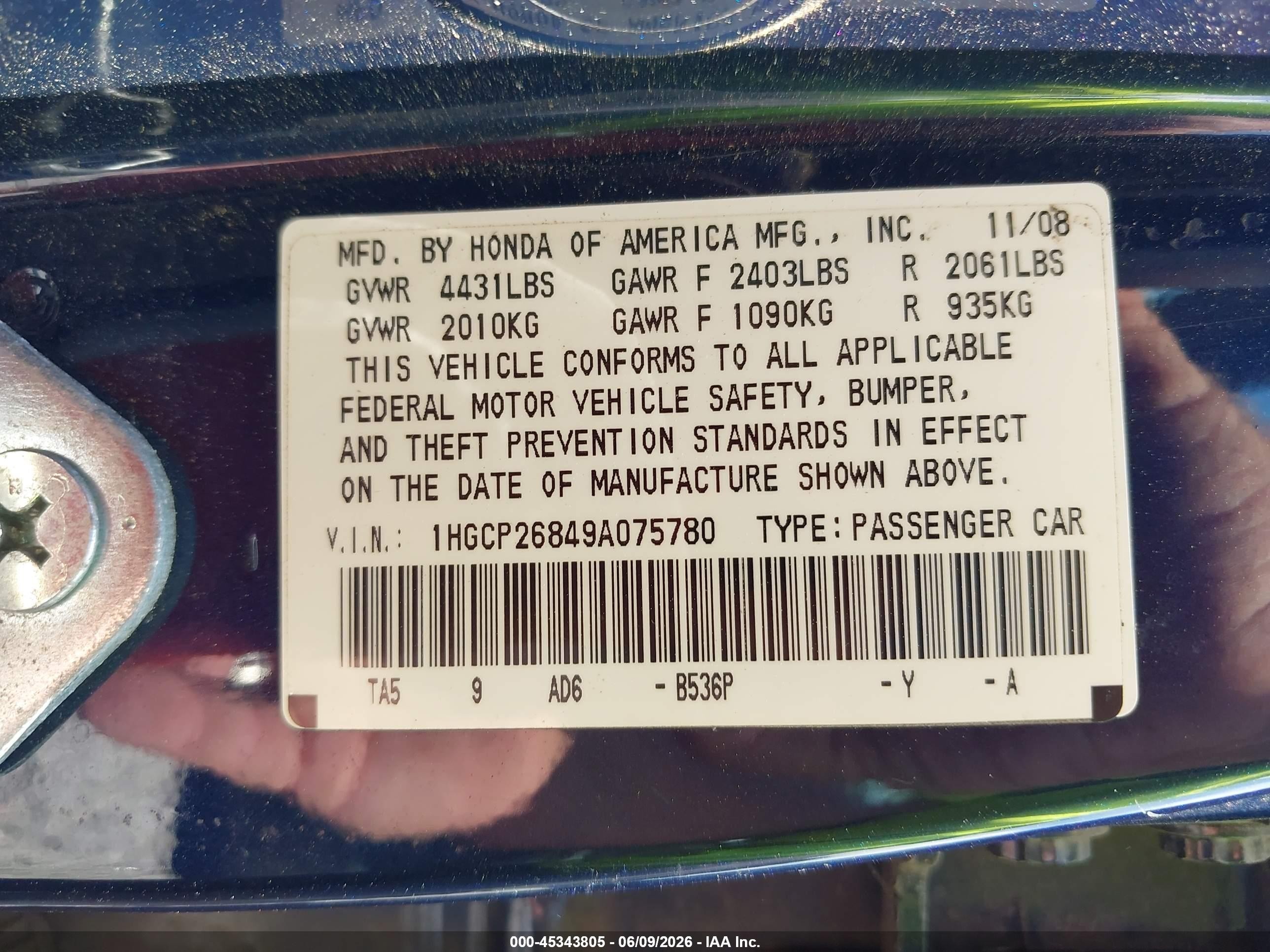 2009 Honda Accord 2.4 Ex-l Blue vin: 1HGCP26849A075780