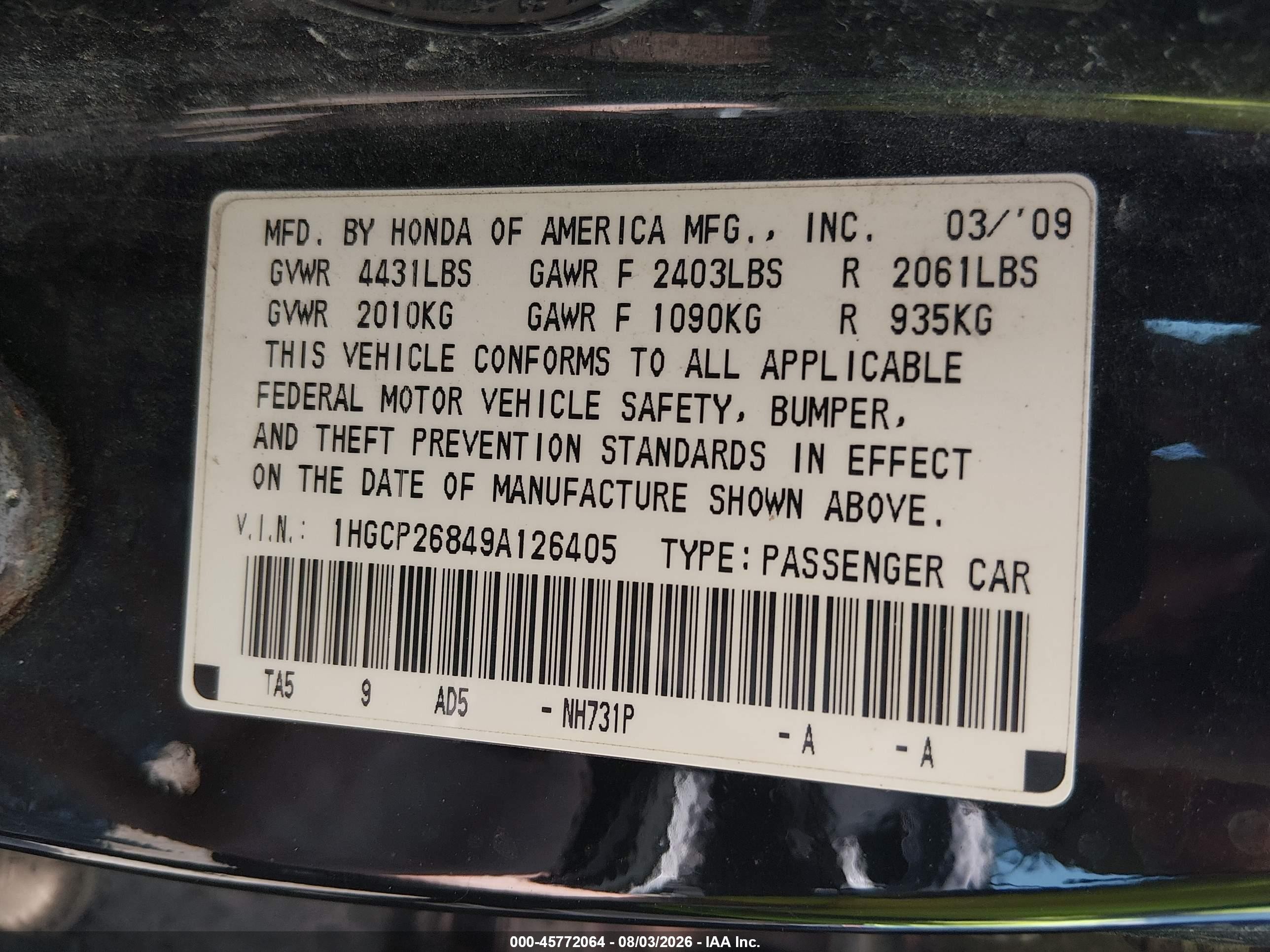 2009 Honda Accord 2.4 Ex-l Black vin: 1HGCP26849A126405