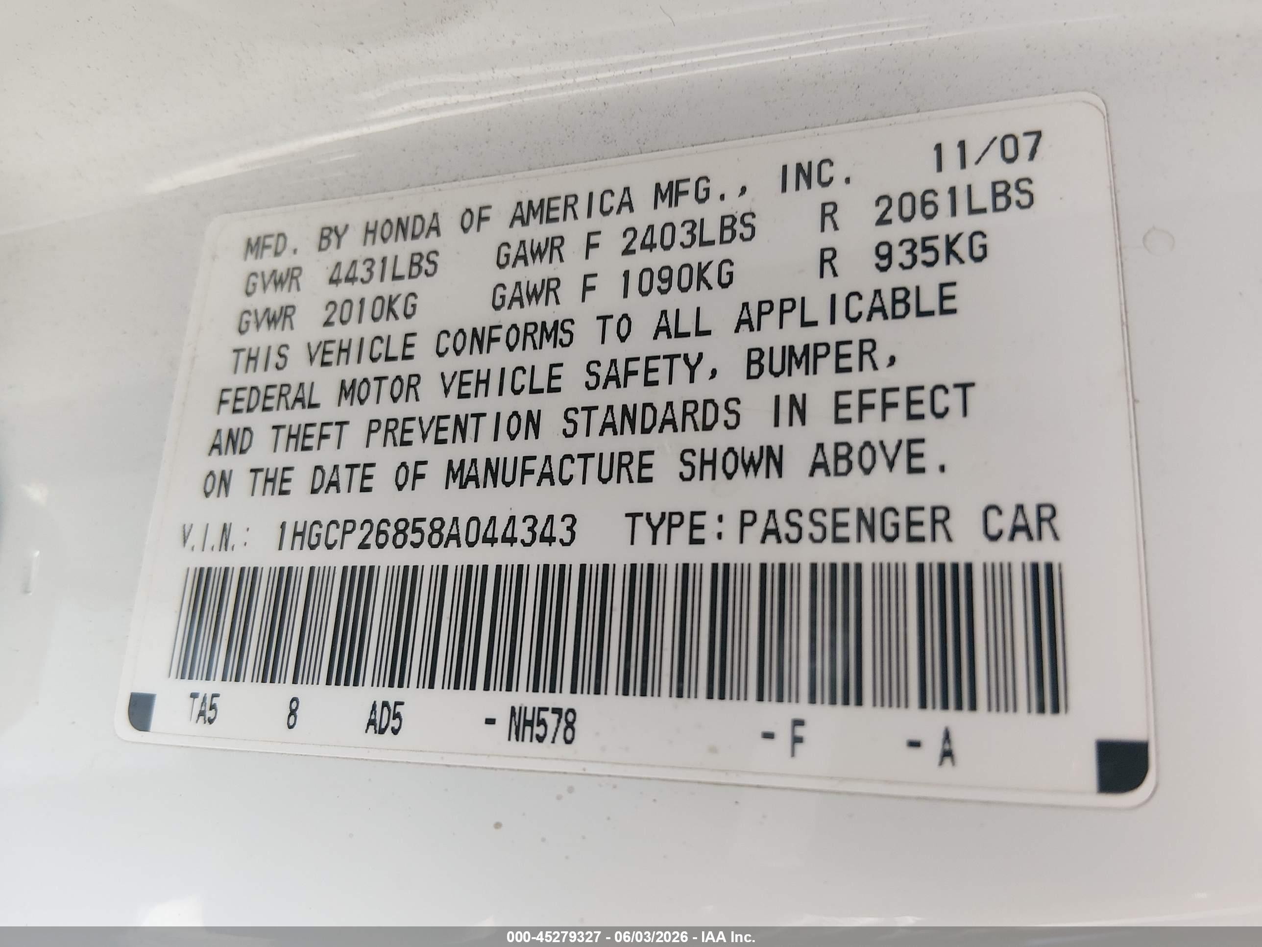 2008 Honda Accord 2.4 Ex-l White vin: 1HGCP26858A044343