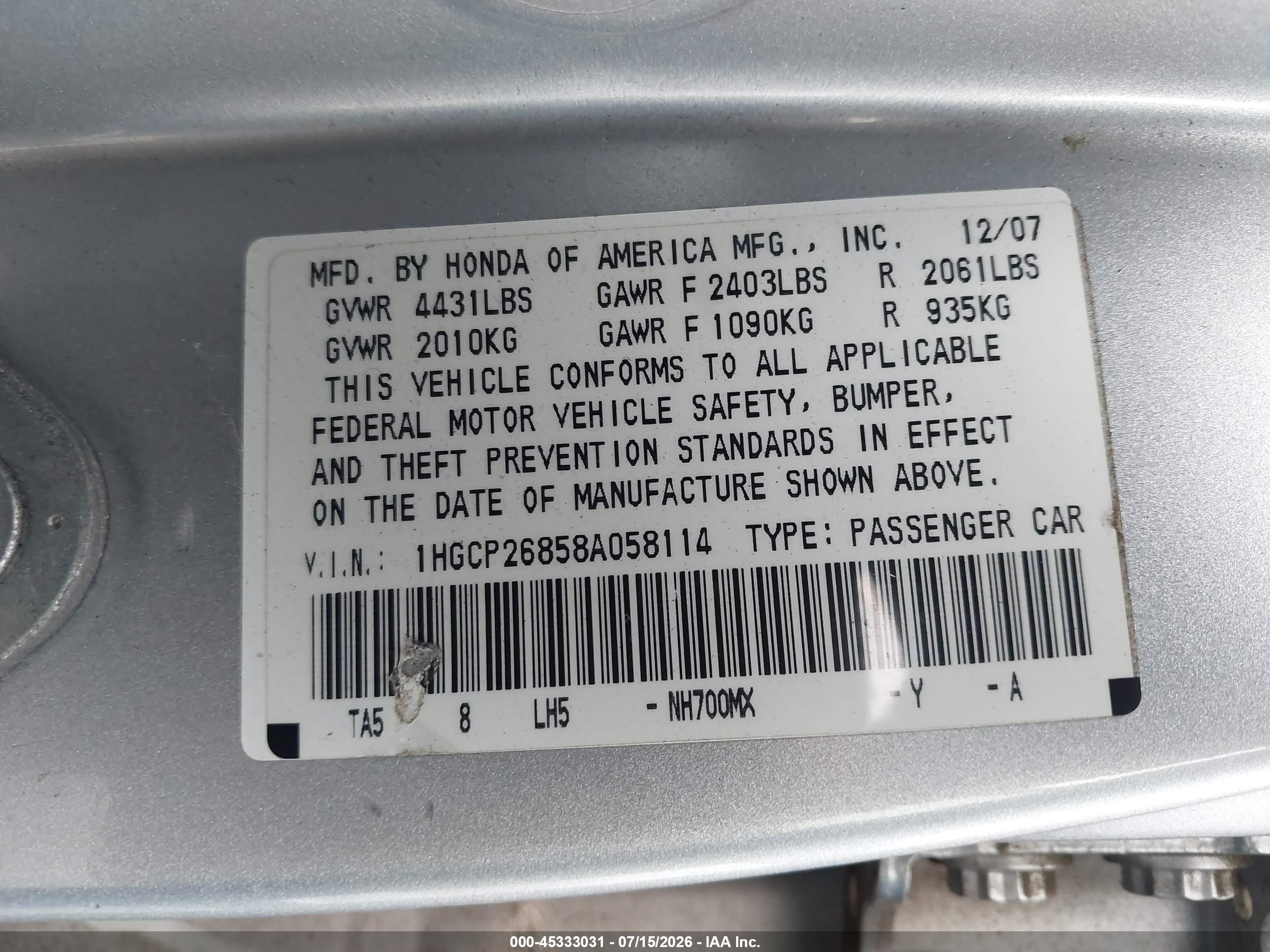 2008 Honda Accord 2.4 Ex-l Silver vin: 1HGCP26858A058114