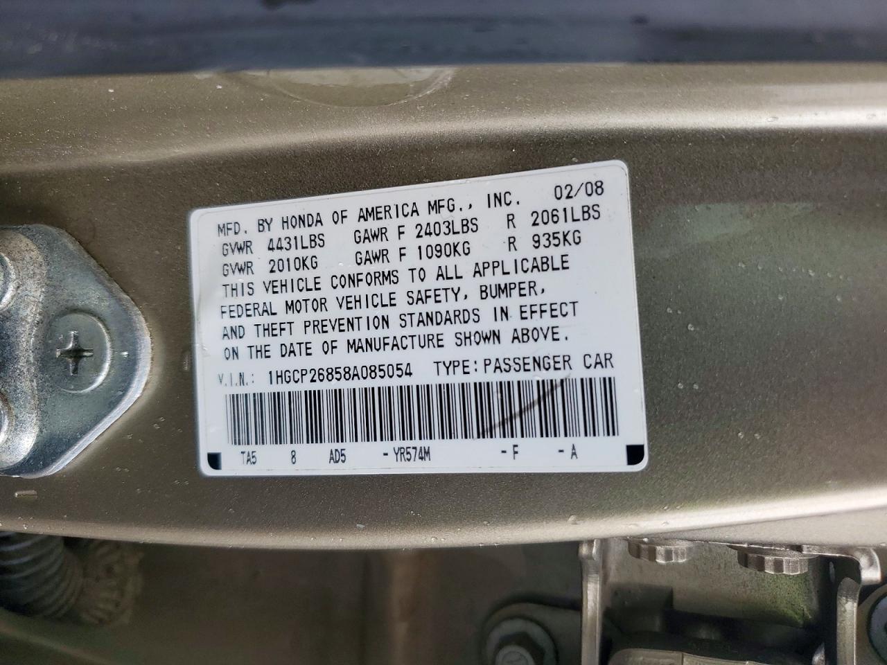 2008 Honda Accord Exl Gold vin: 1HGCP26858A085054