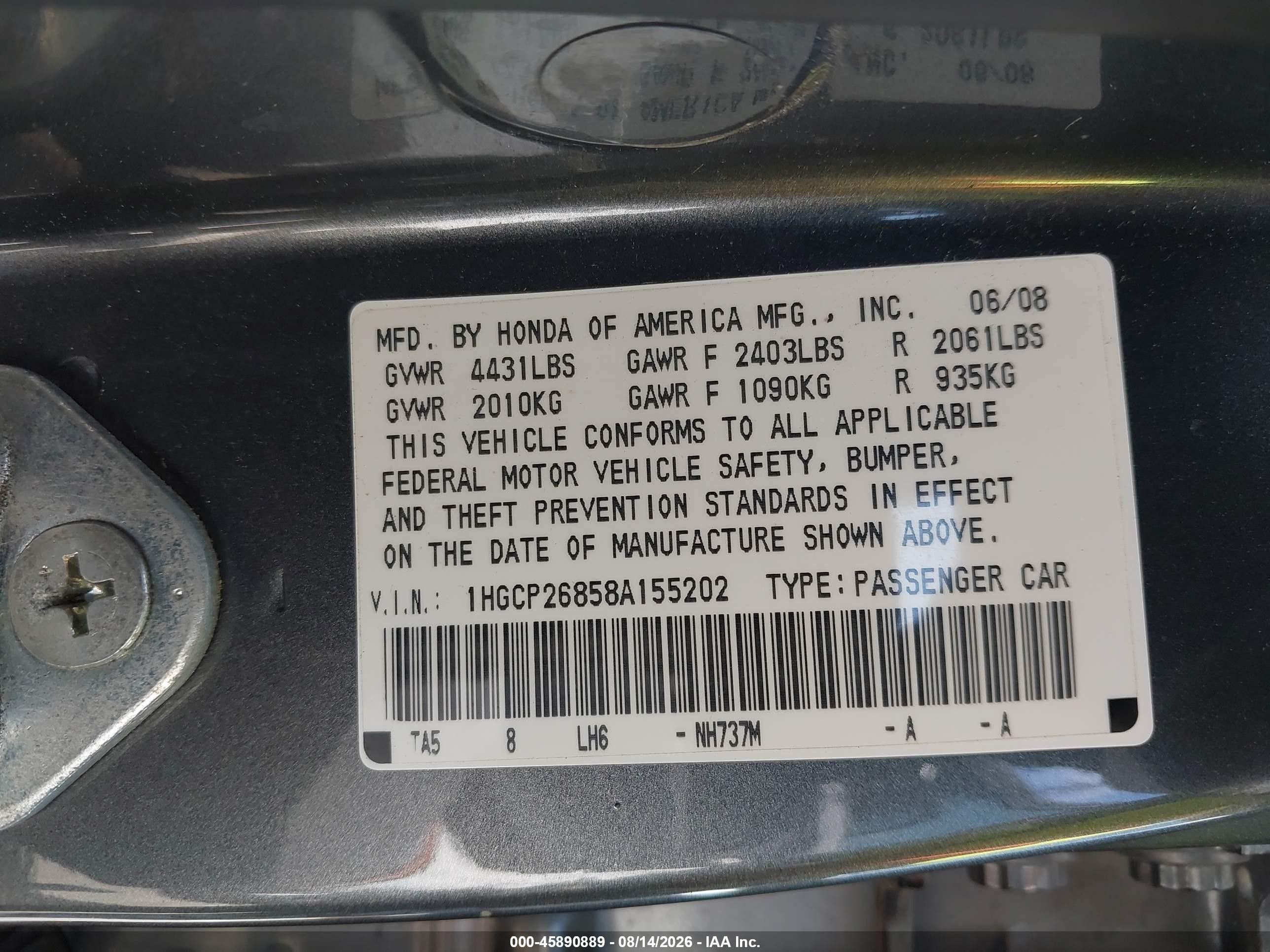 2008 Honda Accord 2.4 Ex-l Gray vin: 1HGCP26858A155202