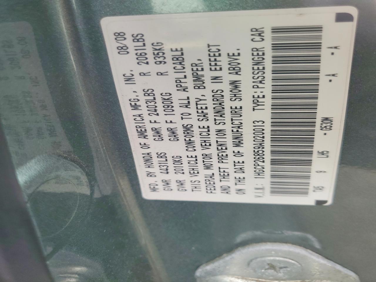 2009 Honda Accord Exl Green vin: 1HGCP26859A020013