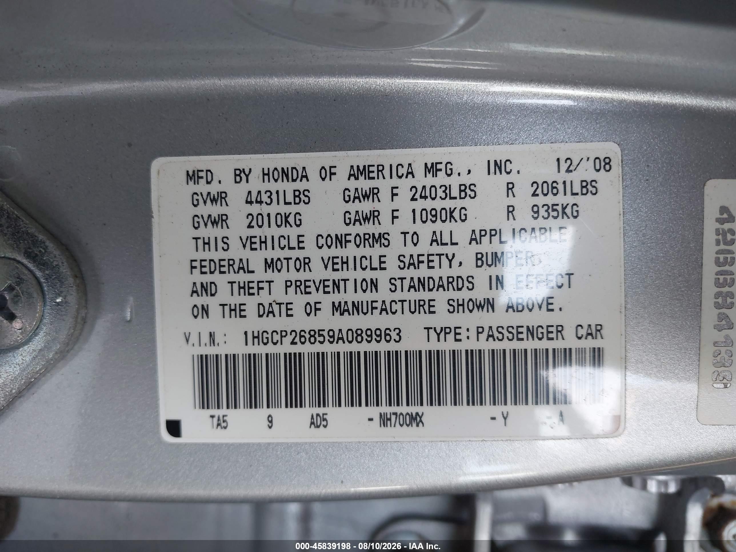 2009 Honda Accord 2.4 Ex-l Серебряный vin: 1HGCP26859A089963