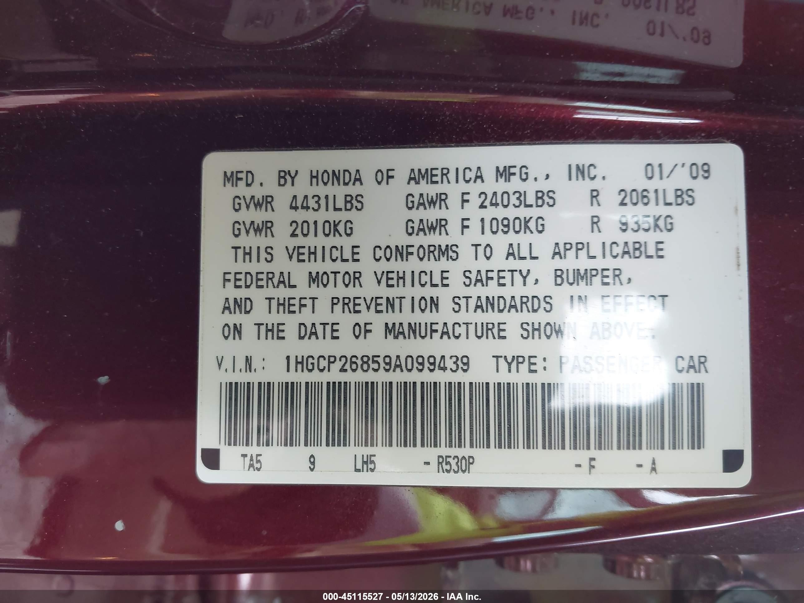 2009 Honda Accord 2.4 Ex-l Maroon vin: 1HGCP26859A099439