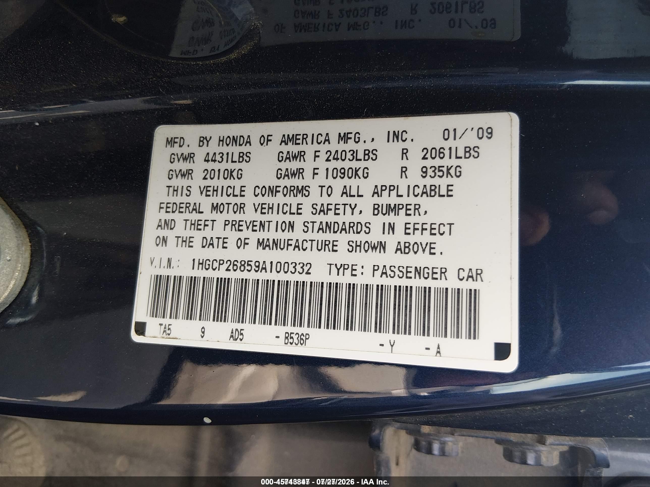 2009 Honda Accord 2.4 Ex-l Blue vin: 1HGCP26859A100332