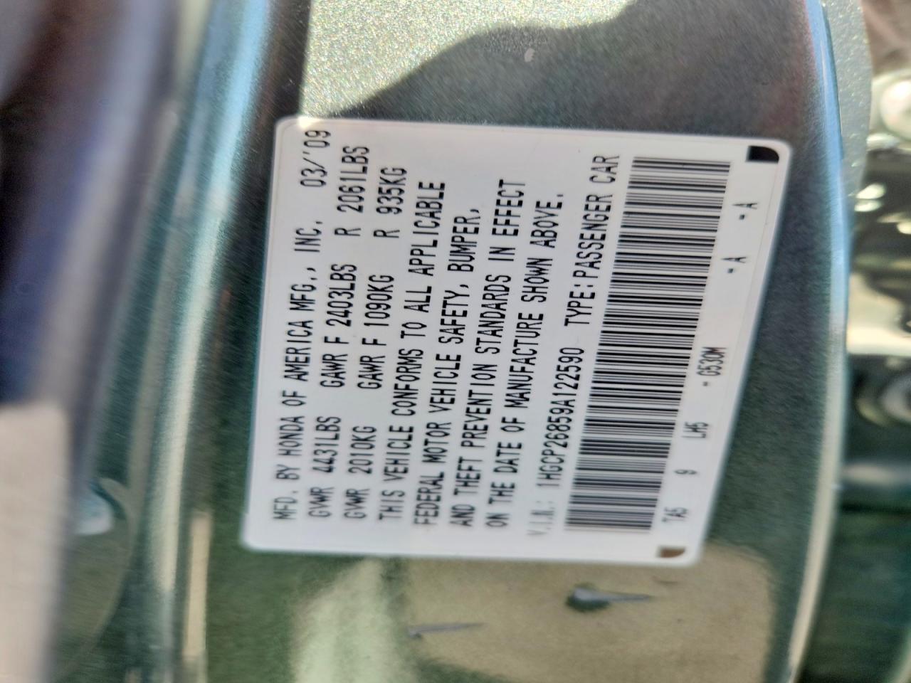 2009 Honda Accord Exl Teal vin: 1HGCP26859A122590