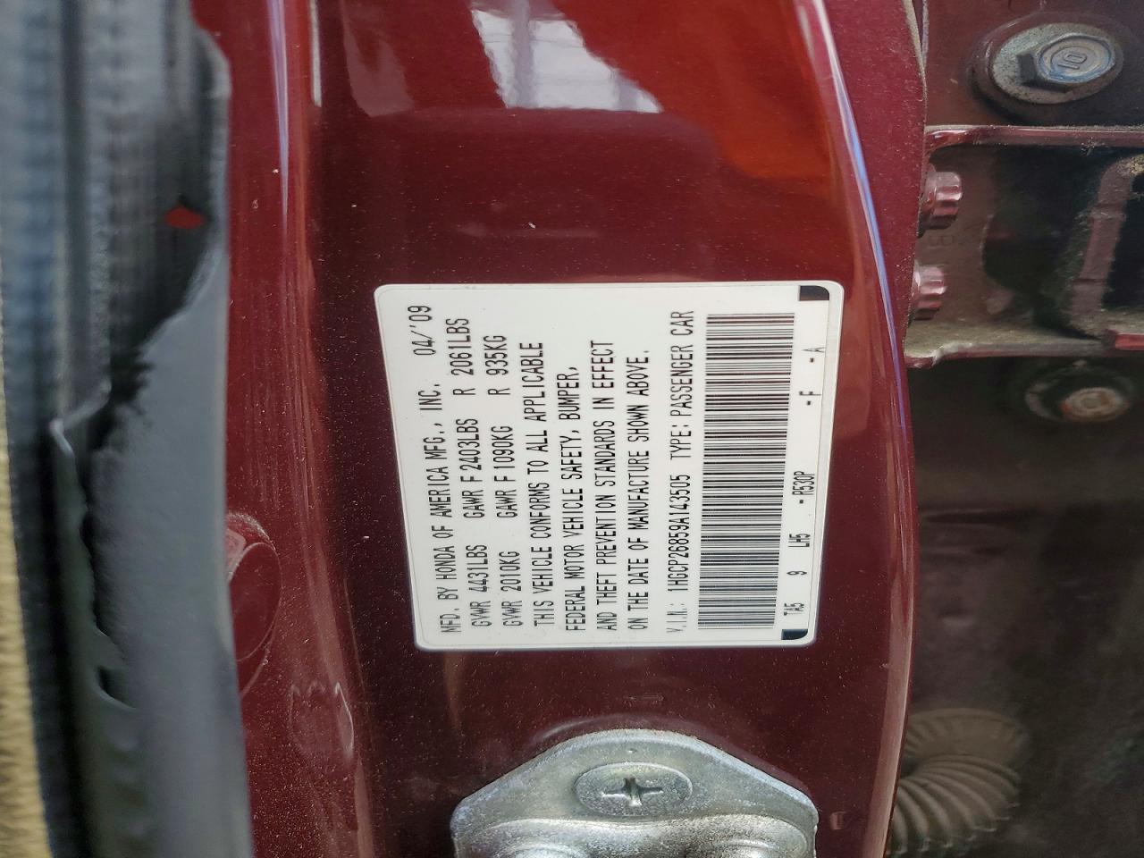2009 Honda Accord Exl Burgundy vin: 1HGCP26859A143505