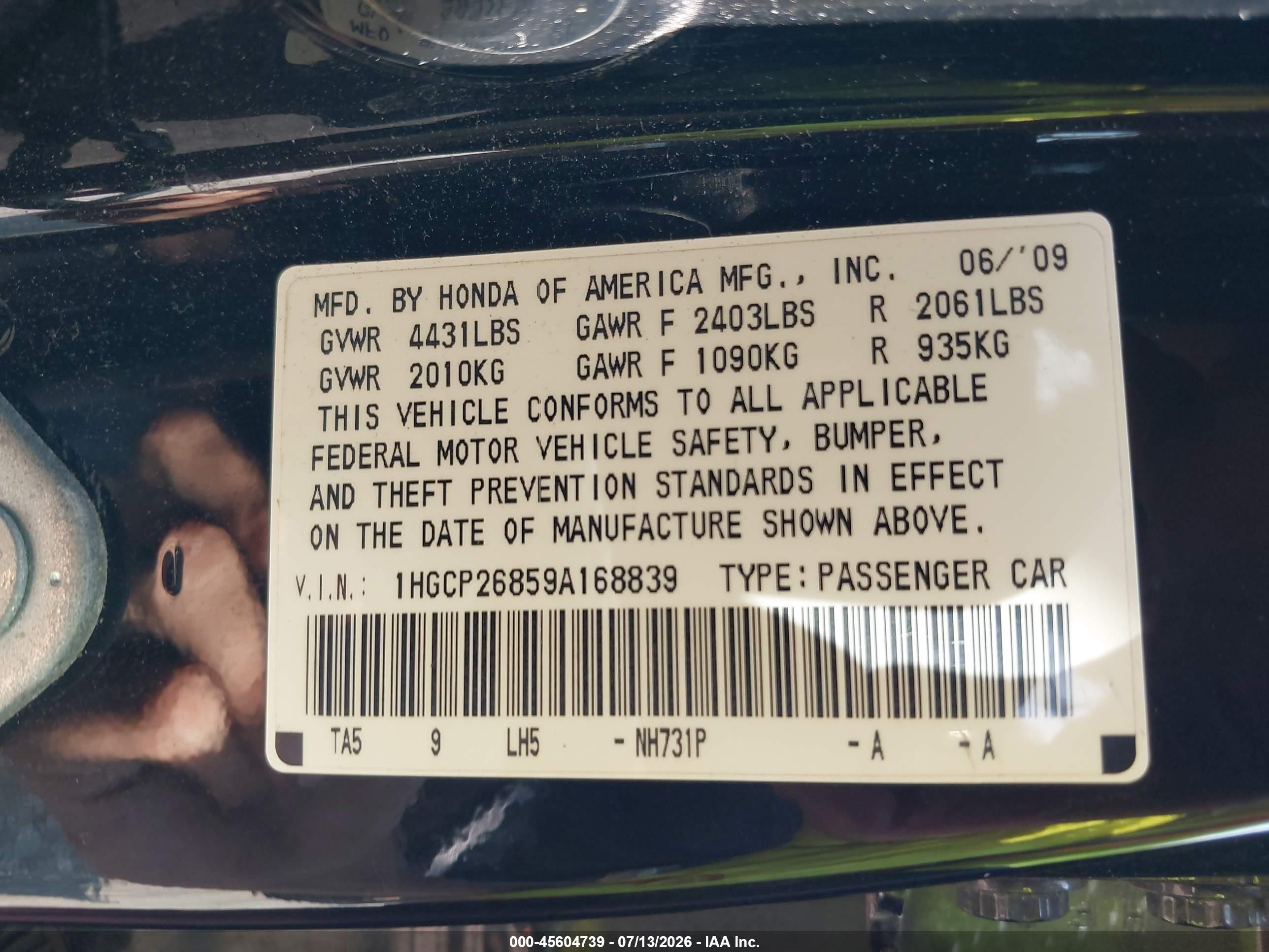 2009 Honda Accord 2.4 Ex-l Black vin: 1HGCP26859A168839