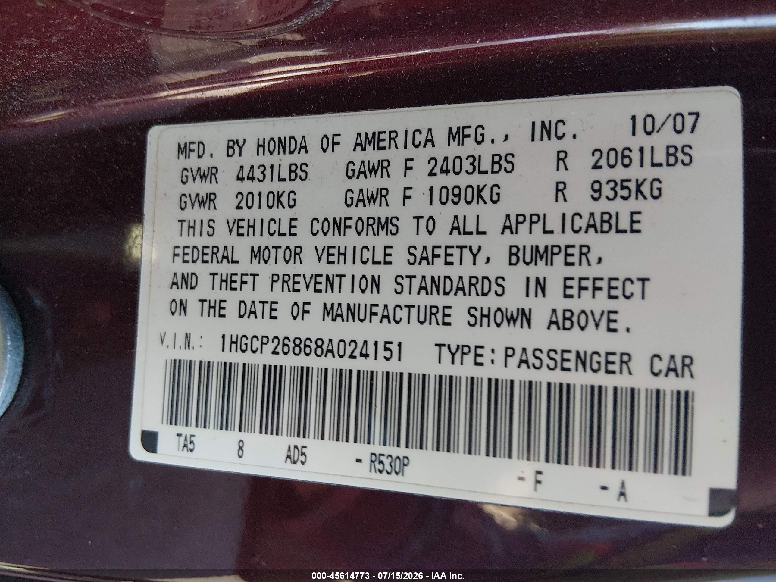 2008 Honda Accord 2.4 Ex-l Red vin: 1HGCP26868A024151