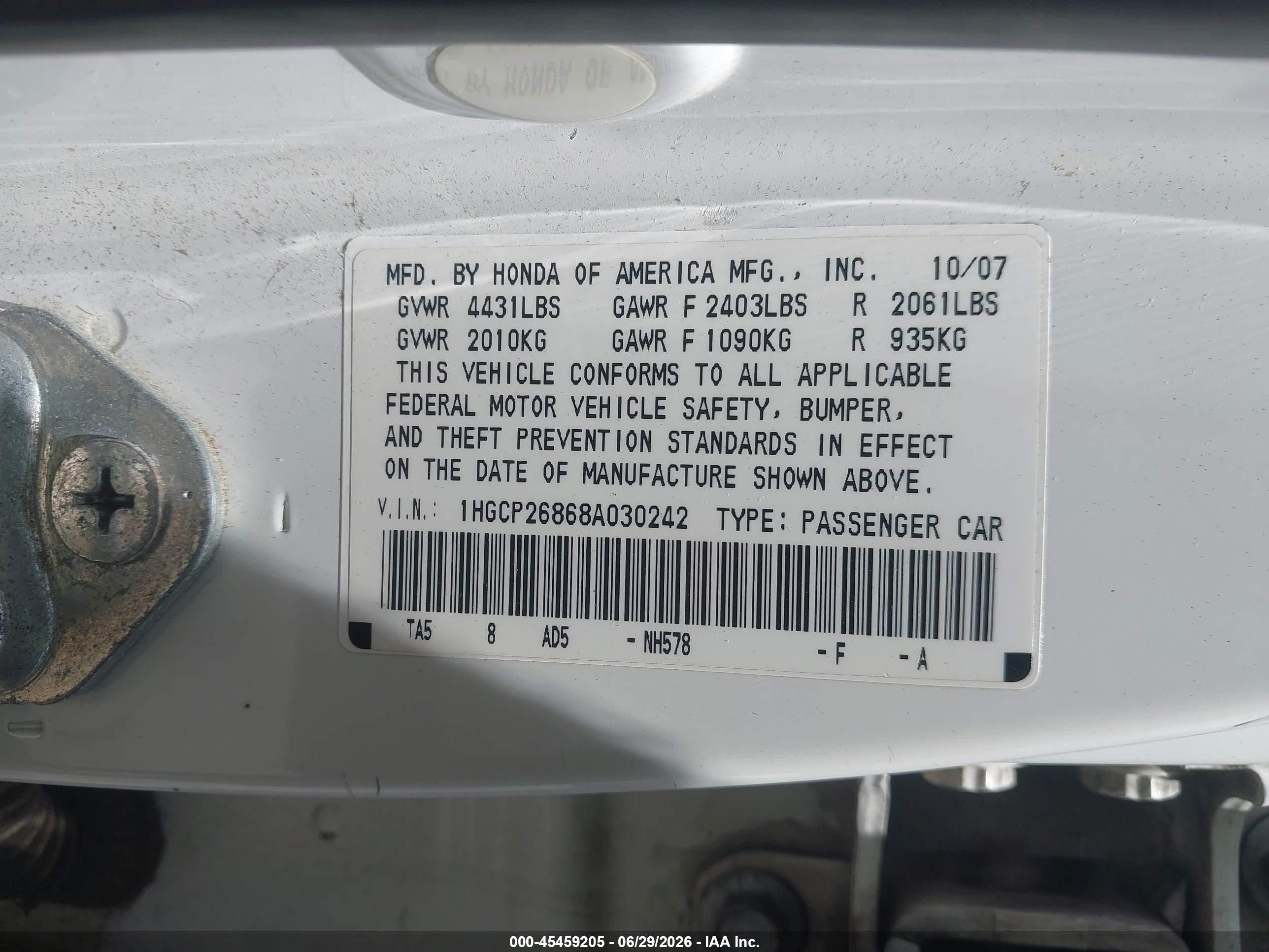 2008 Honda Accord 2.4 Ex-l White vin: 1HGCP26868A030242