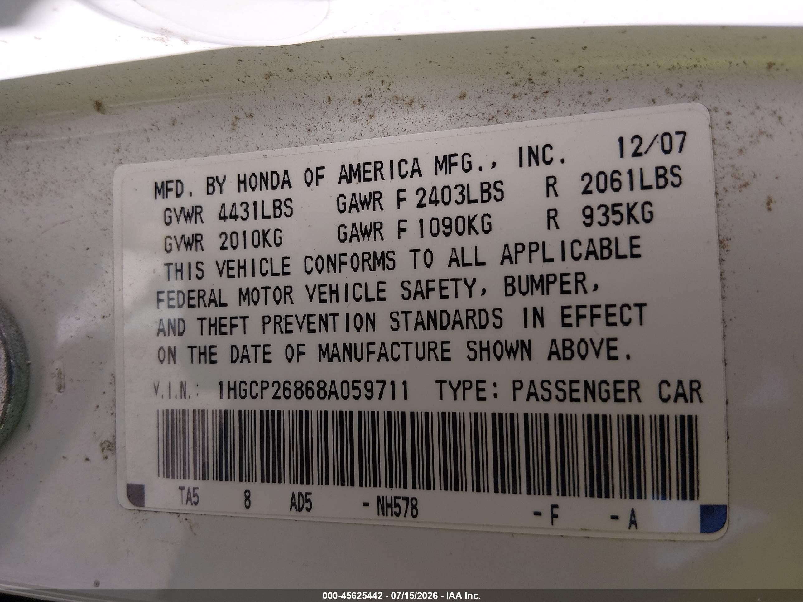 2008 Honda Accord 2.4 Ex-l Белый vin: 1HGCP26868A059711
