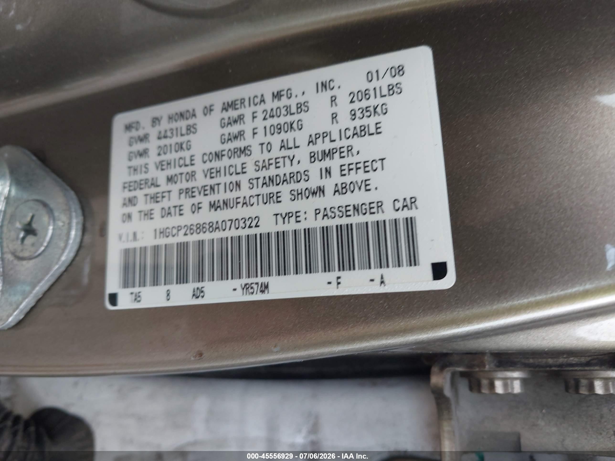 2008 Honda Accord 2.4 Ex-l Gold vin: 1HGCP26868A070322