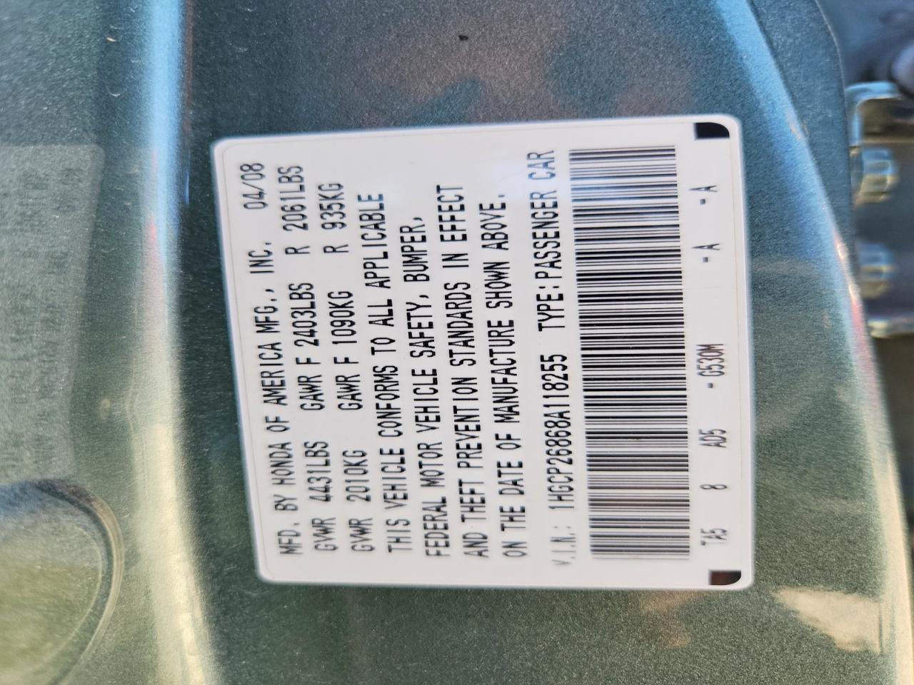 2008 Honda Accord Exl Green vin: 1HGCP26868A118255