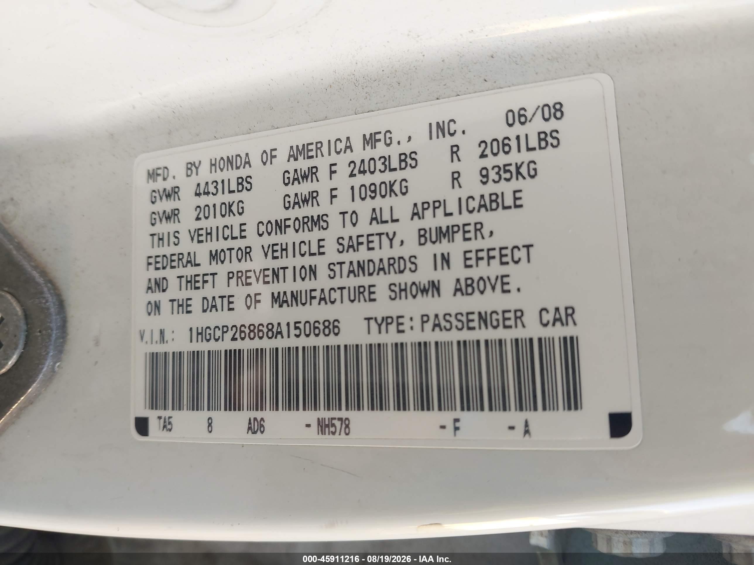 2008 Honda Accord 2.4 Ex-l Белый vin: 1HGCP26868A150686