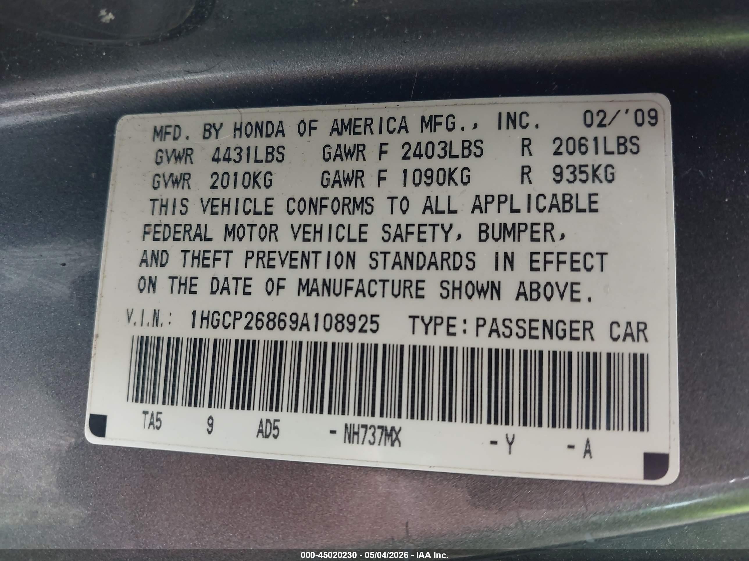 2009 Honda Accord 2.4 Ex-l Gray vin: 1HGCP26869A108925