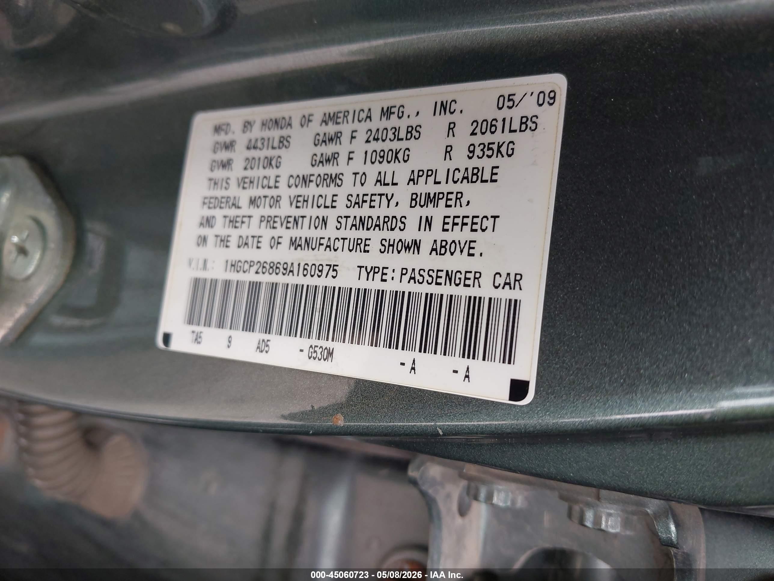 2009 Honda Accord 2.4 Ex-l Green vin: 1HGCP26869A160975