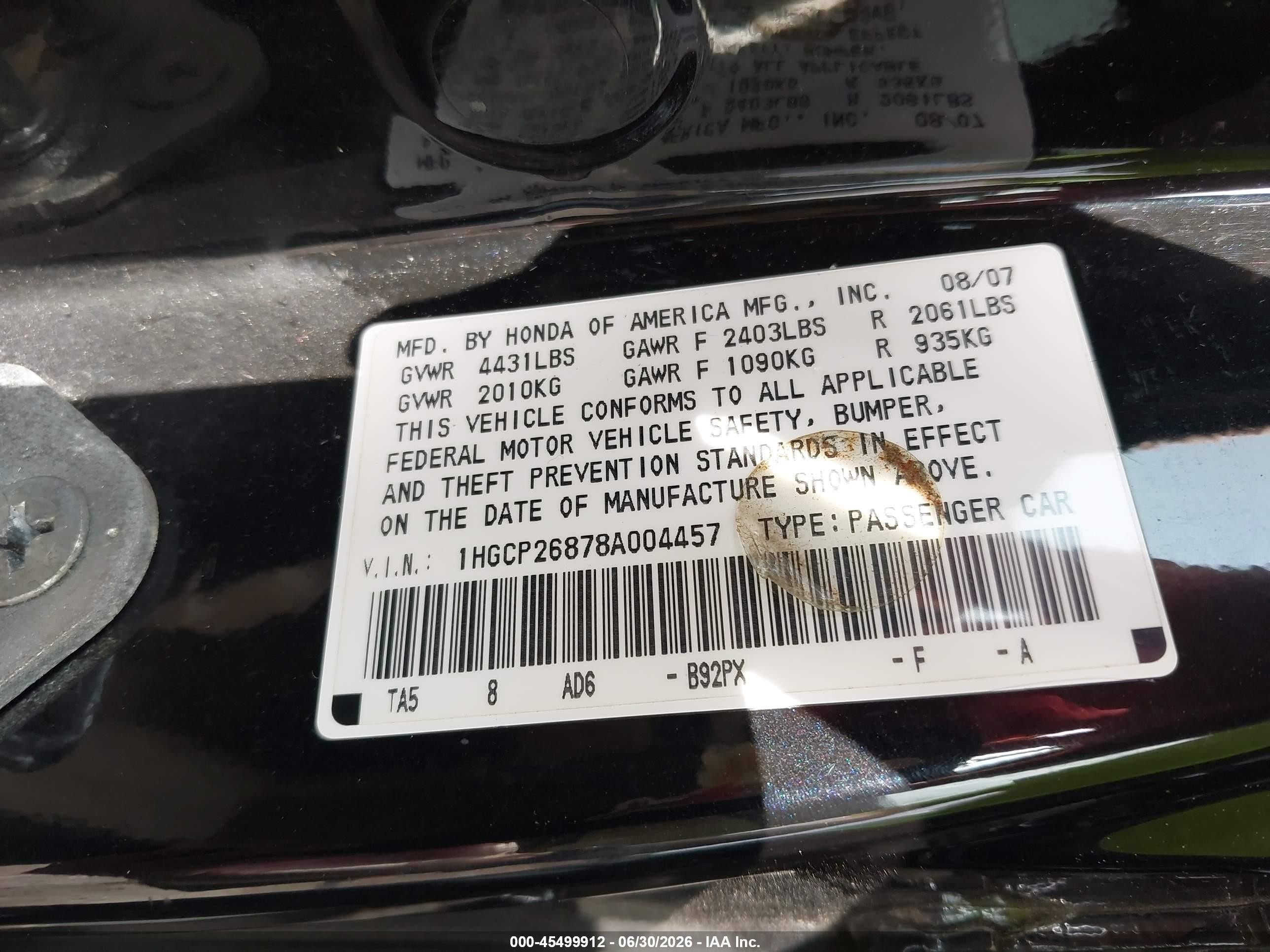 2008 Honda Accord 2.4 Ex-l Black vin: 1HGCP26878A004457