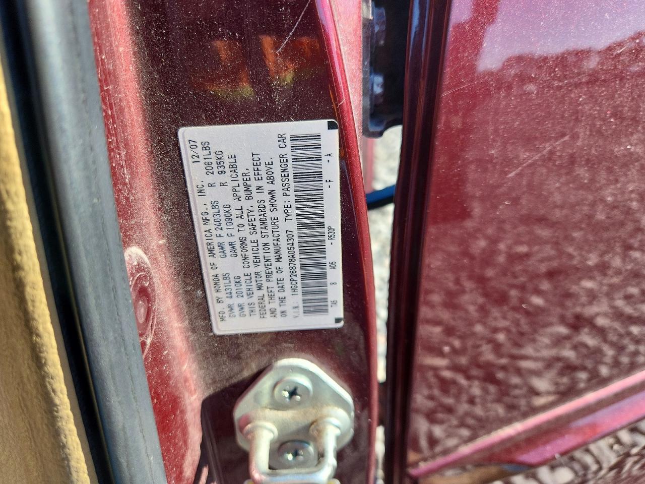 2008 Honda Accord Exl Burgundy vin: 1HGCP26878A054307