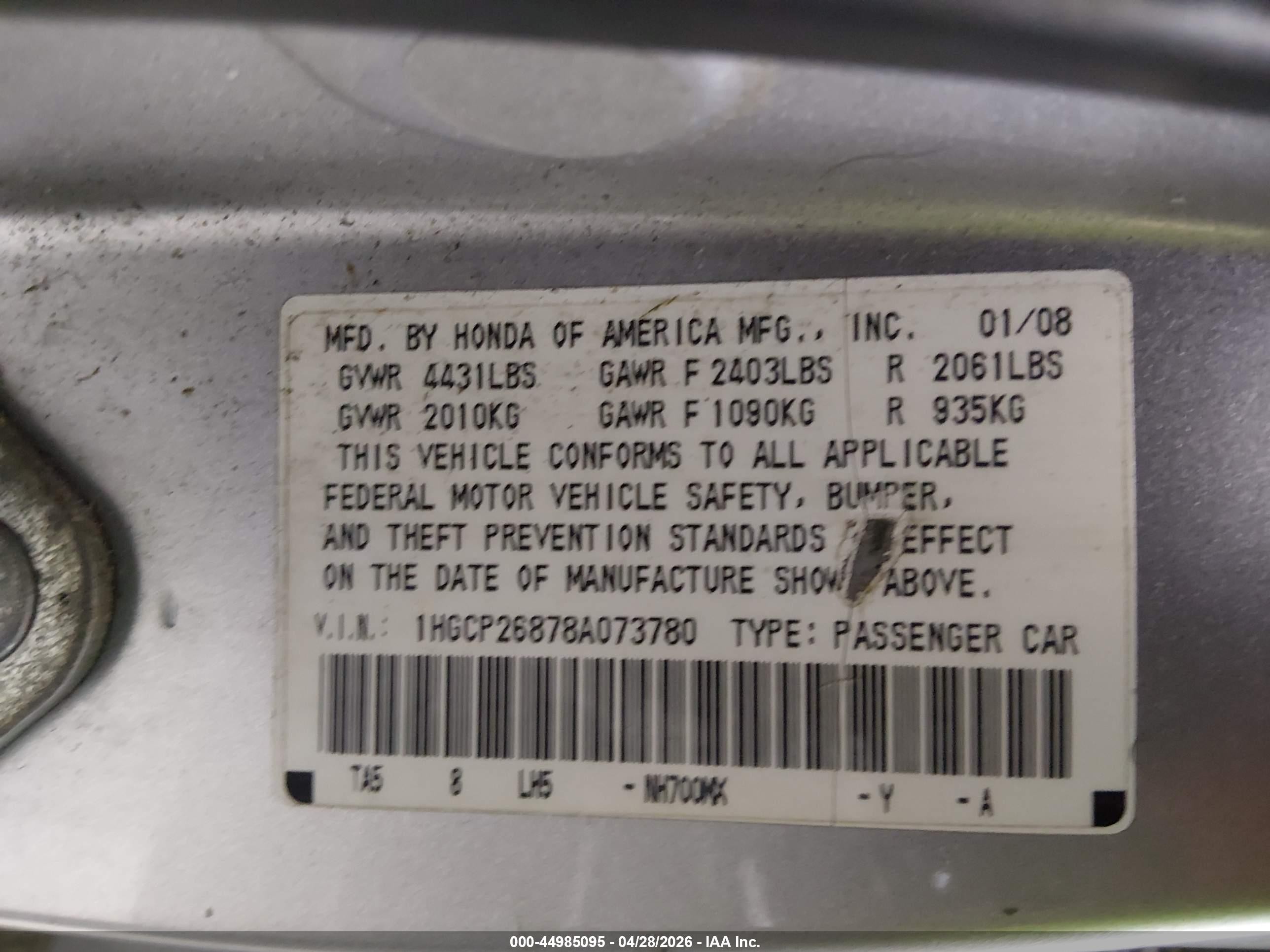 2008 Honda Accord 2.4 Ex-l Silver vin: 1HGCP26878A073780