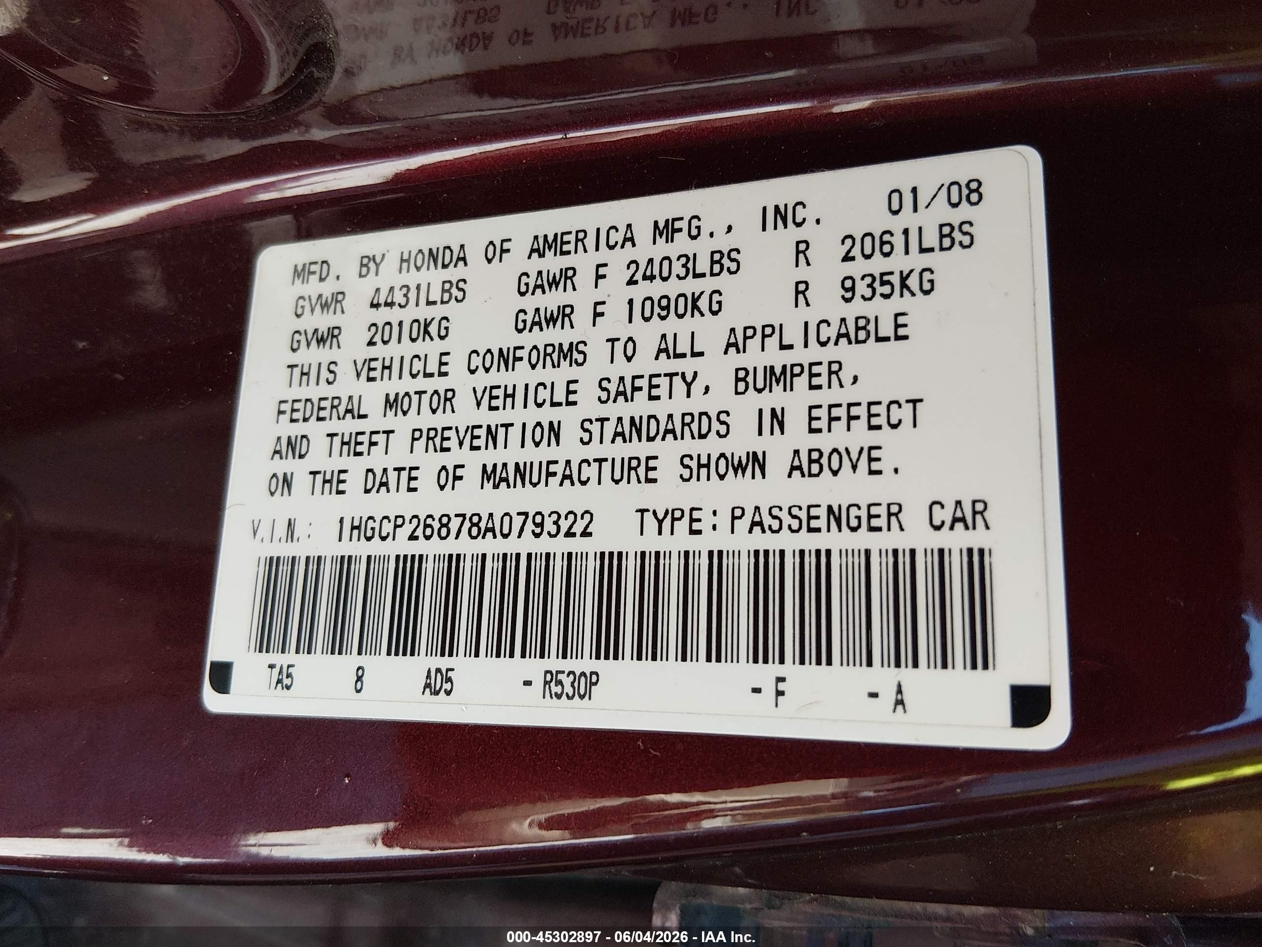 2008 Honda Accord 2.4 Ex-l Maroon vin: 1HGCP26878A079322