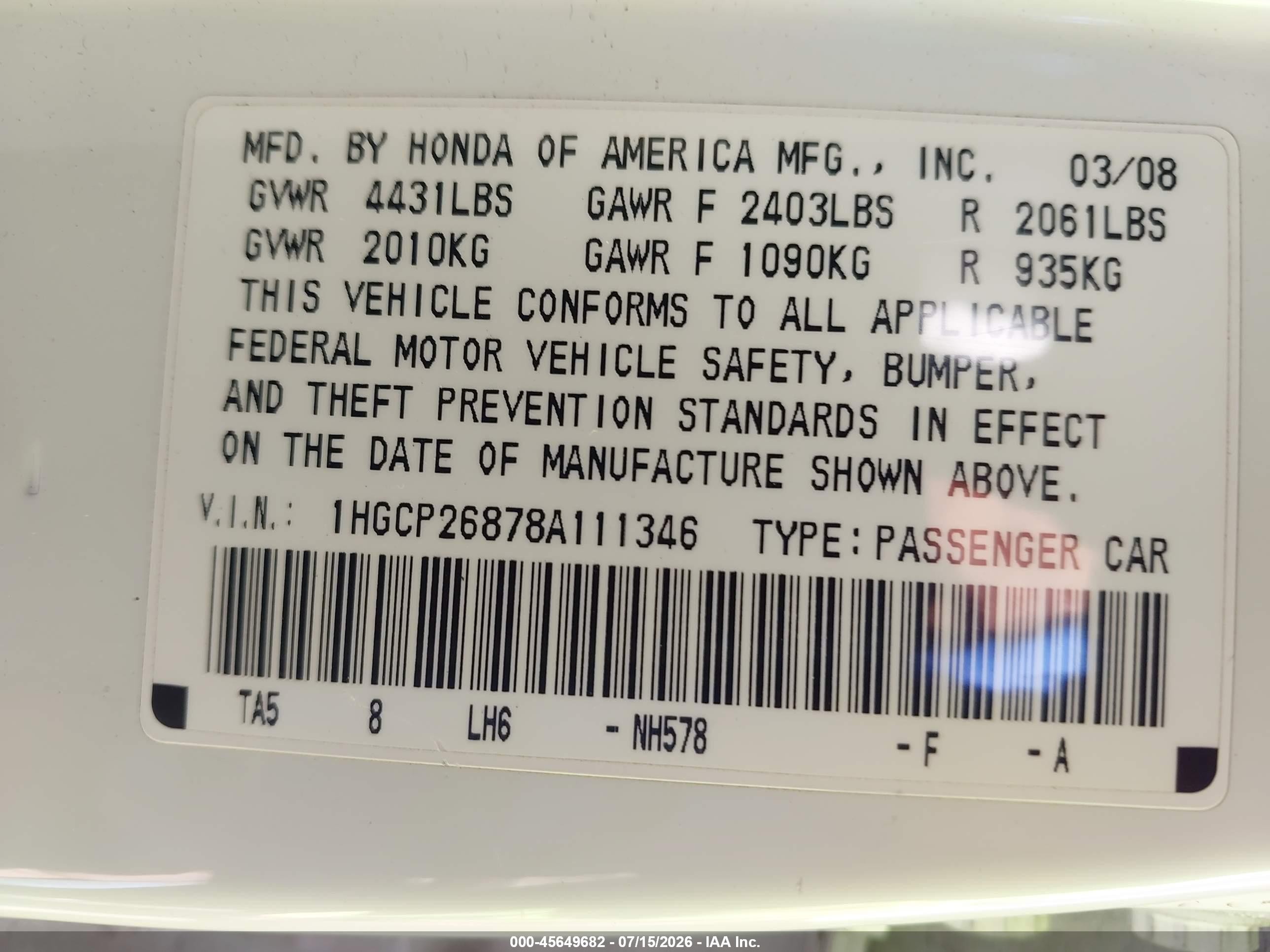 2008 Honda Accord 2.4 Ex-l White vin: 1HGCP26878A111346