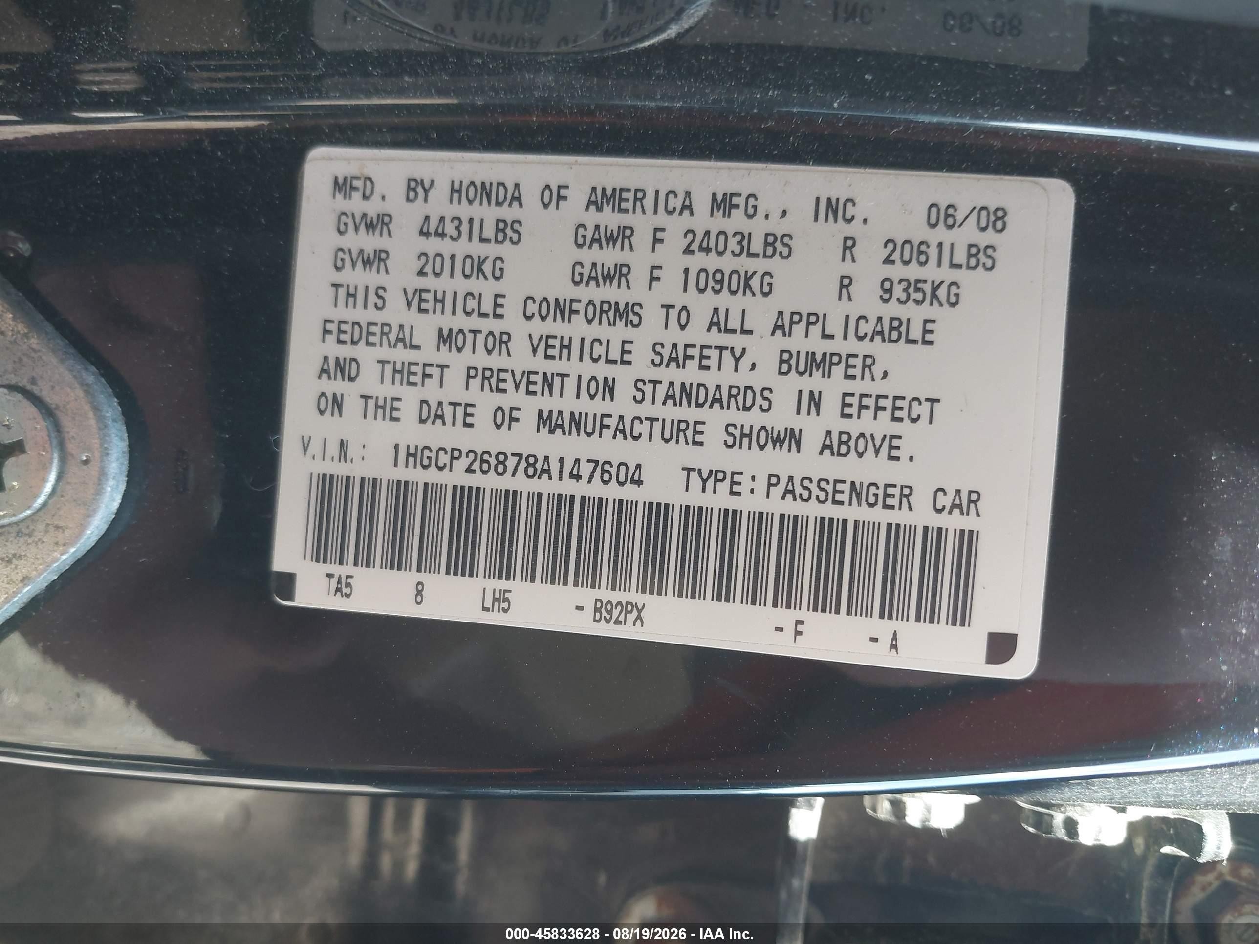 2008 Honda Accord 2.4 Ex-l Black vin: 1HGCP26878A147604