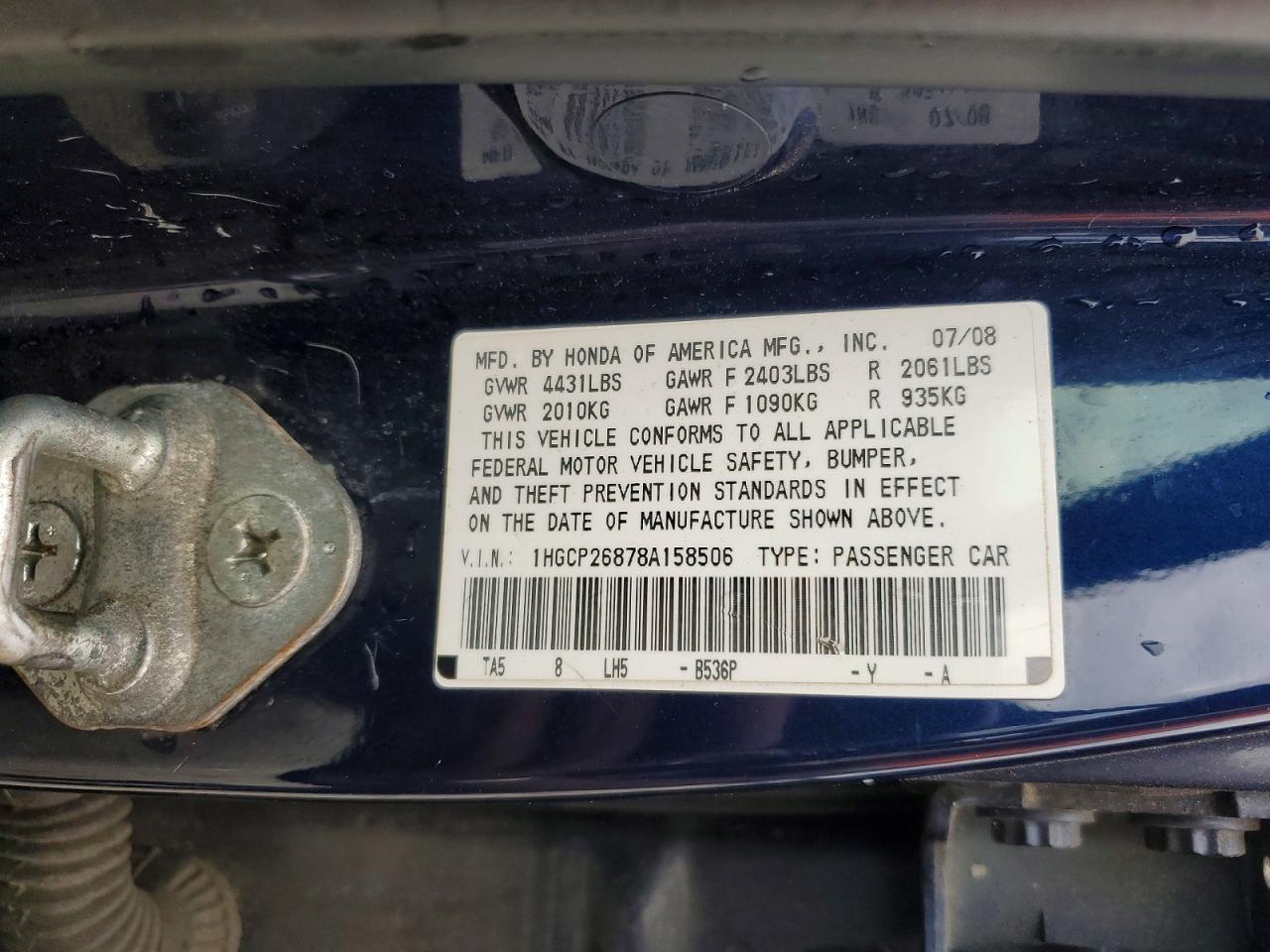2008 Honda Accord Exl Blue vin: 1HGCP26878A158506