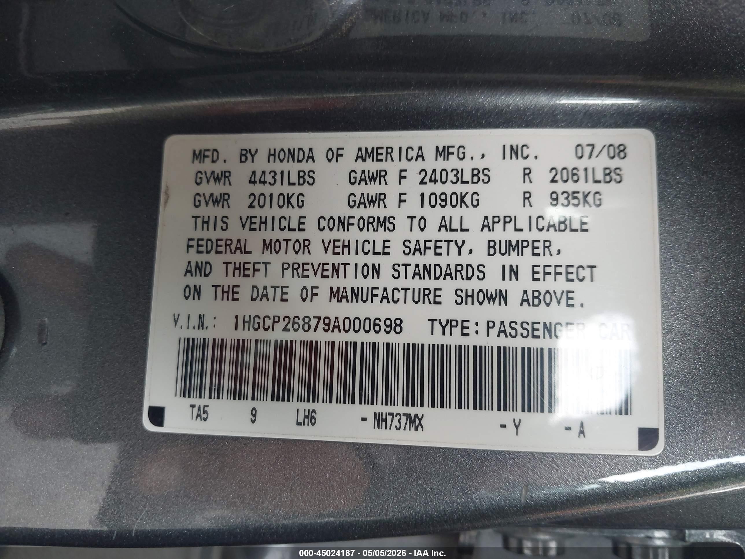 2009 Honda Accord 2.4 Ex-l Серый vin: 1HGCP26879A000698