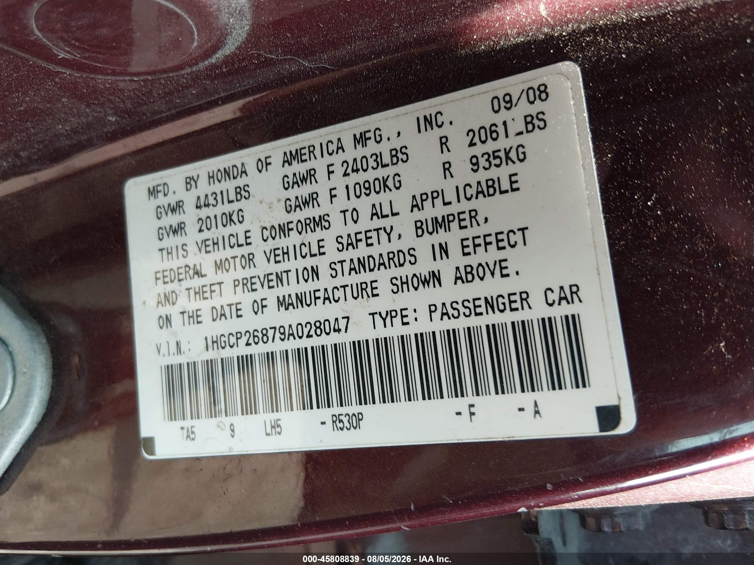 2009 Honda Accord 2.4 Ex-l Темно-бордовый vin: 1HGCP26879A028047