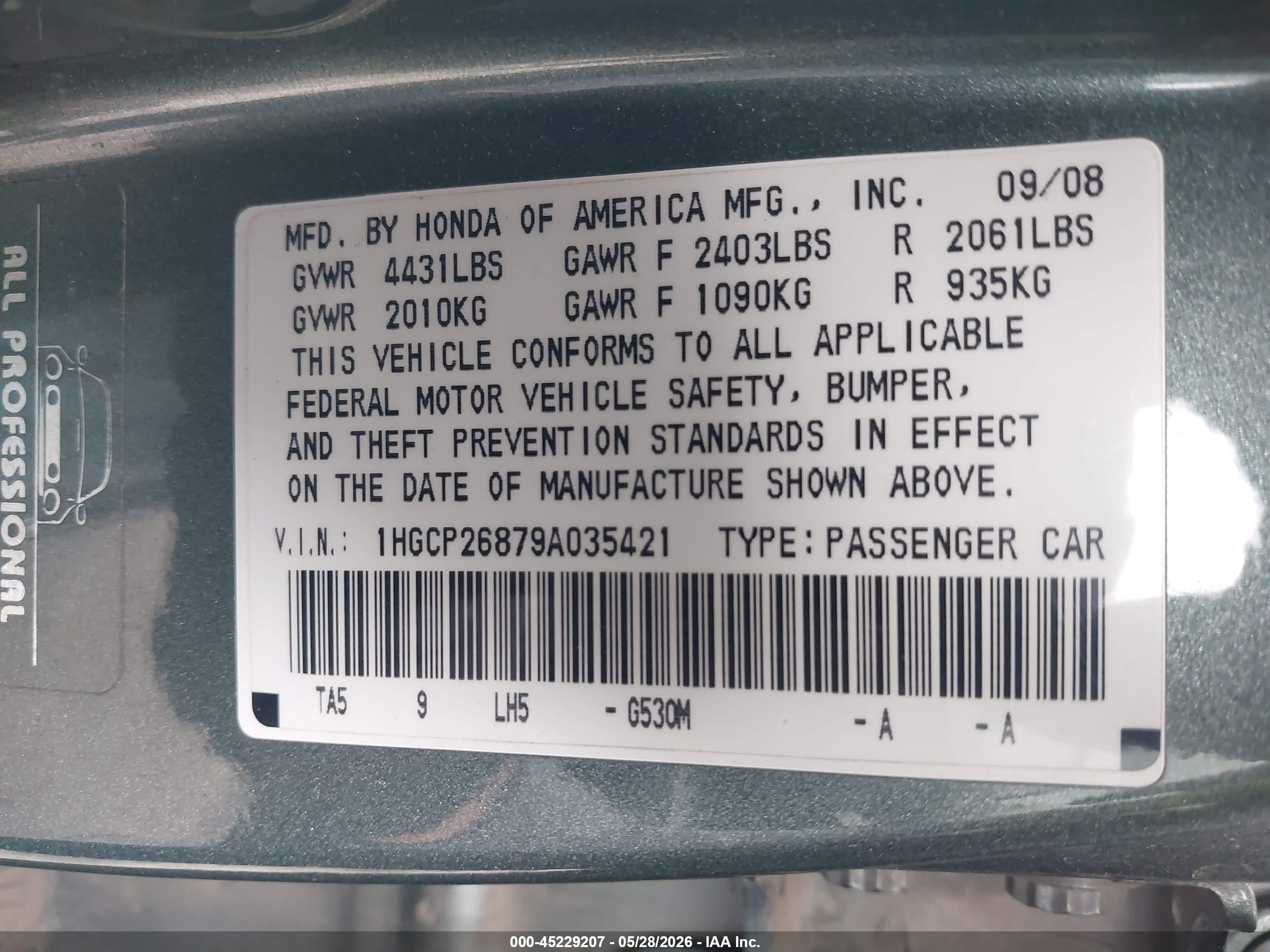 2009 Honda Accord 2.4 Ex-l Gray vin: 1HGCP26879A035421