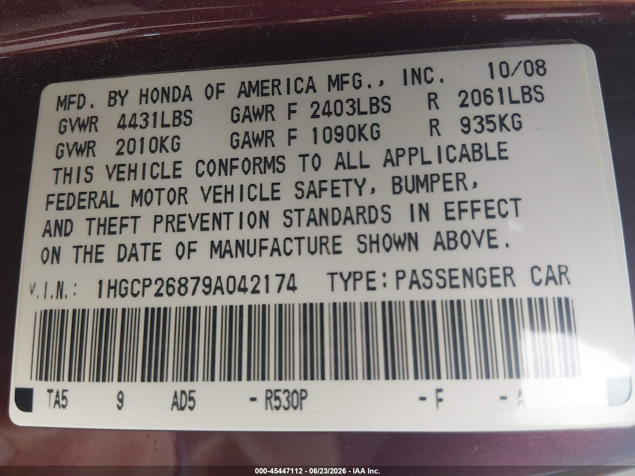 2009 Honda Accord 2.4 Ex-l Purple vin: 1HGCP26879A042174